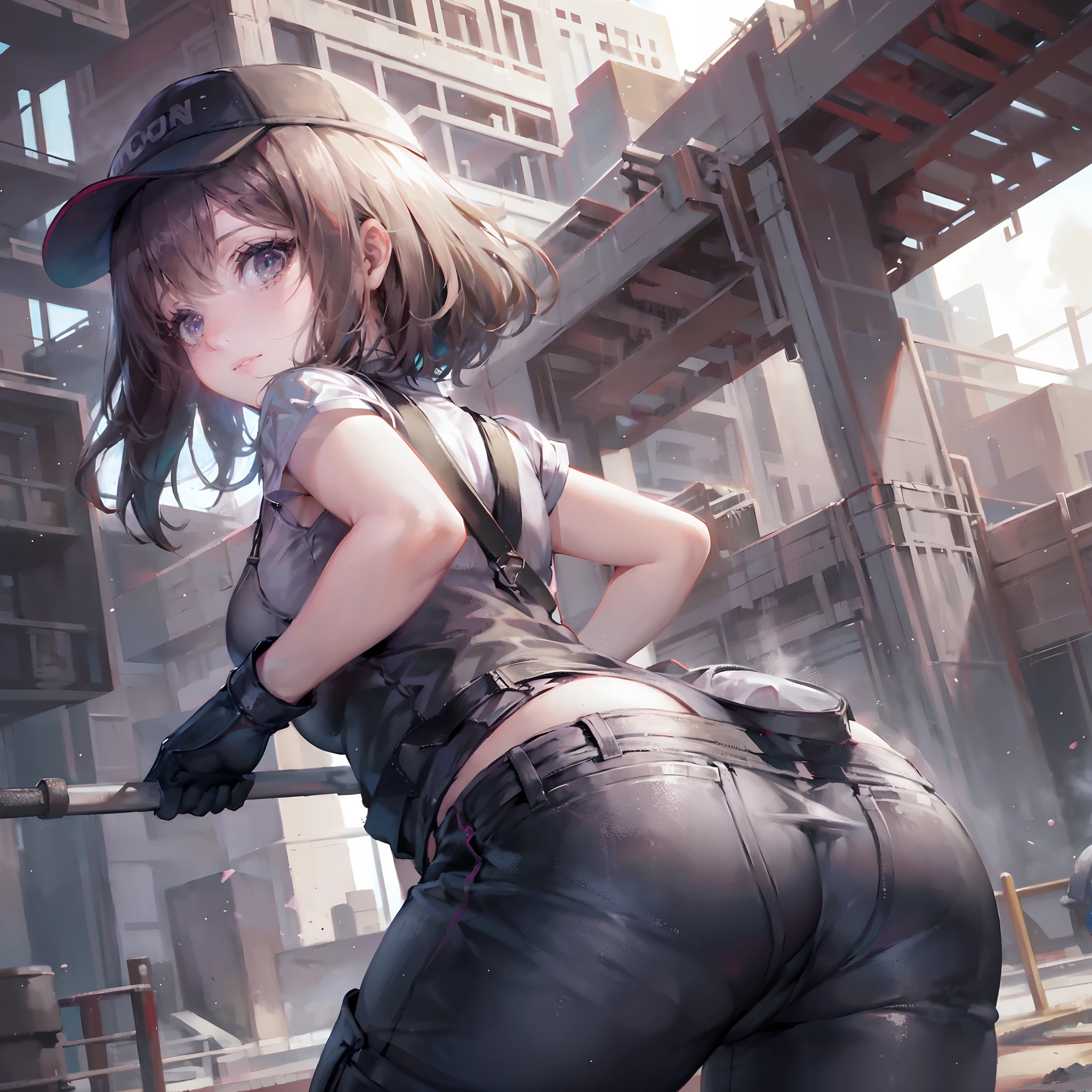 A girl at a construction site, worker outfit, strong butt, butt, low angle, (ass focus)