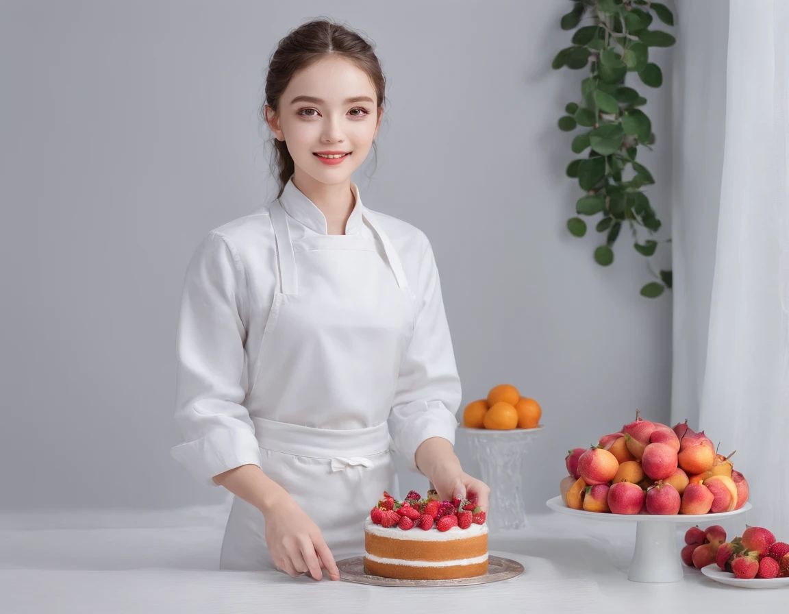 30-year-old girl in full height, cropped hair, amazing body, pronounced feminine features, light curly hair, Flirting with the camera, kitchen, apron, fruit, Flowers on the table, Cooking cakes and cakes. Next to stand a girl of 8 years old, together making cakes. 7:4