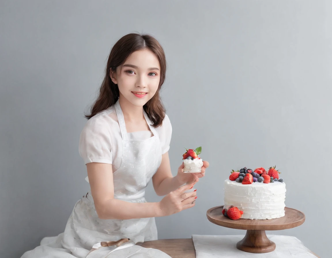 30-year-old girl in full height, cropped hair, amazing body, pronounced feminine features, light curly hair,  with the camera, kitchen, apron, fruit, Flowers on the table, Cooking cakes and cakes. Next to stand a girl of 8 years old, together making cakes. 7:4