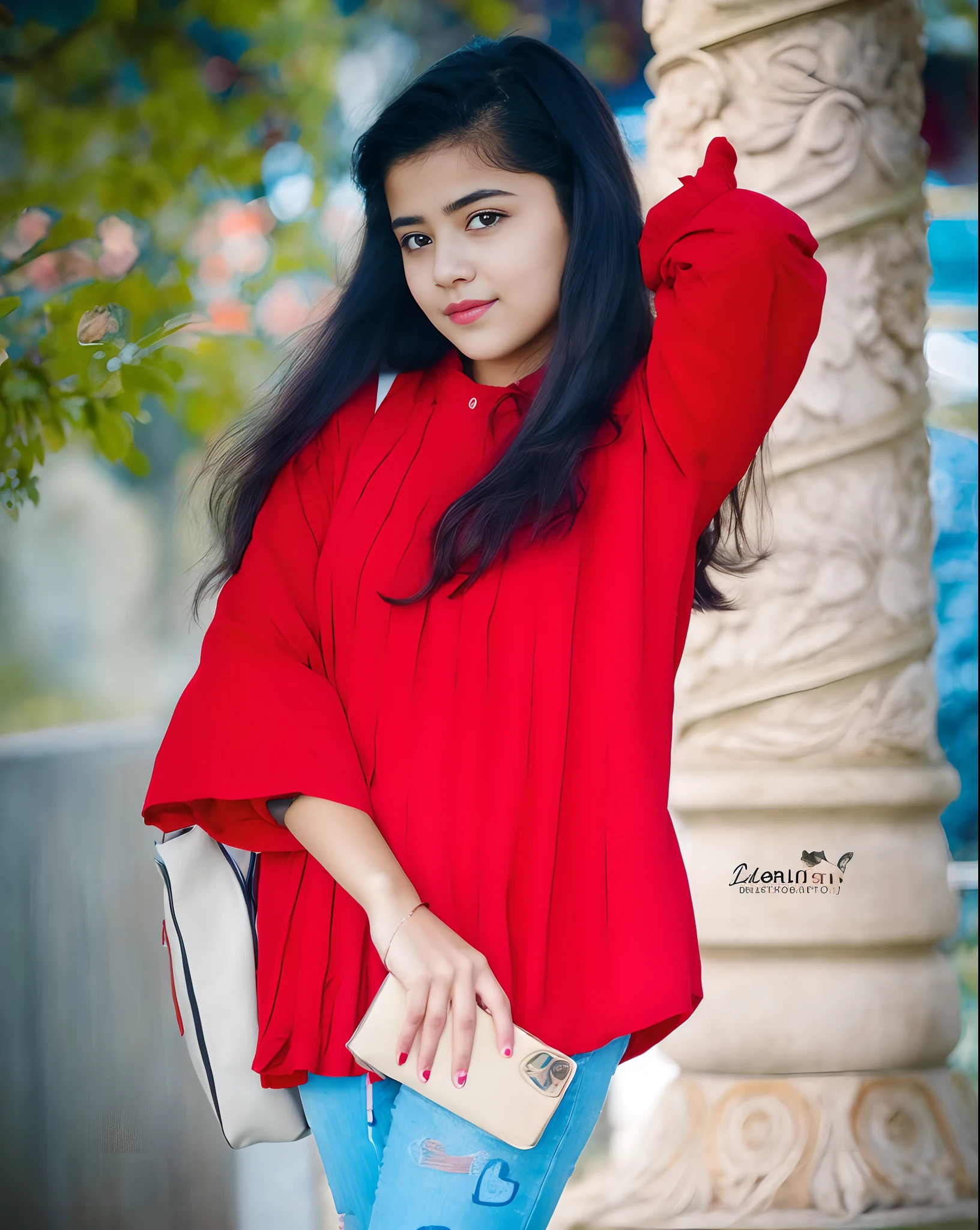 photo portrait of indian girl 18 years old  girl , wearing blue tip, outside on a sunny autumn day, looking at viewer, lense flare, (realistic eyes, symmetric face:0.8) (masterpiece:1.2) (photorealistic:1.2) (bokeh) (best quality) (detailed skin) (intricate) (8k) (HDR) (cinematic lighting) (sharp focus), big breast, big natural lips, dark red lips, sparkling day dreams eyes.,