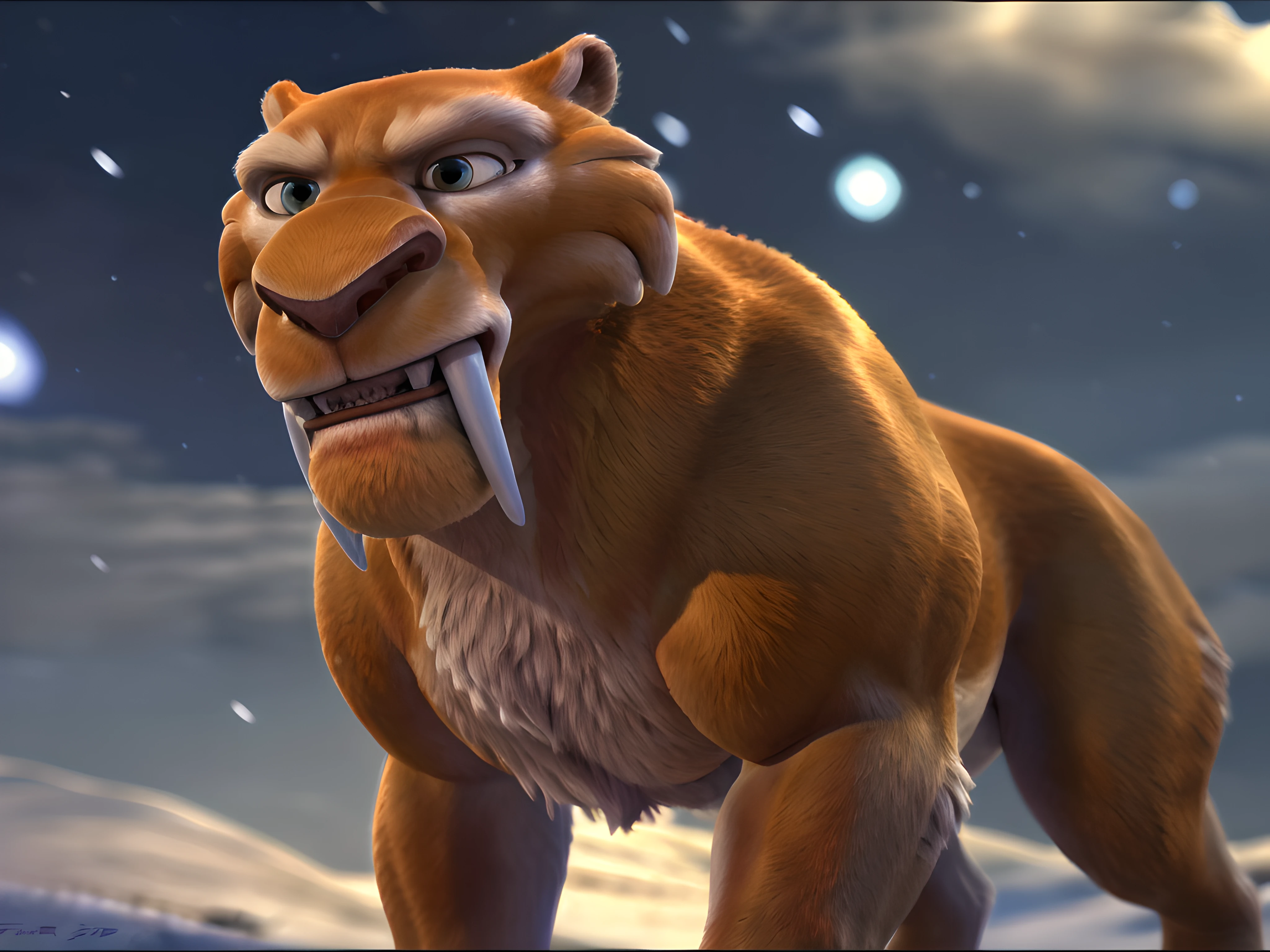 diego, diego ice age, 4k, high resolution, best quality, posted on e621, solo, (feral, feral body:1.3), feral smilodon, male, adult, masculine, (very muscular, biceps, muscular legs, strong:1.3), (pectorals, strong chest, muscular chest:1.6), (arctic background, snowing:1.2), (by taran fiddler:1.0), (by echin:0.6), (detailed eyes:1.0), (feral anatomy, feral proportions, big paws:1.0), (realistic shading, detailed cgi, 3D render, pixar, detailed fur:1.2),