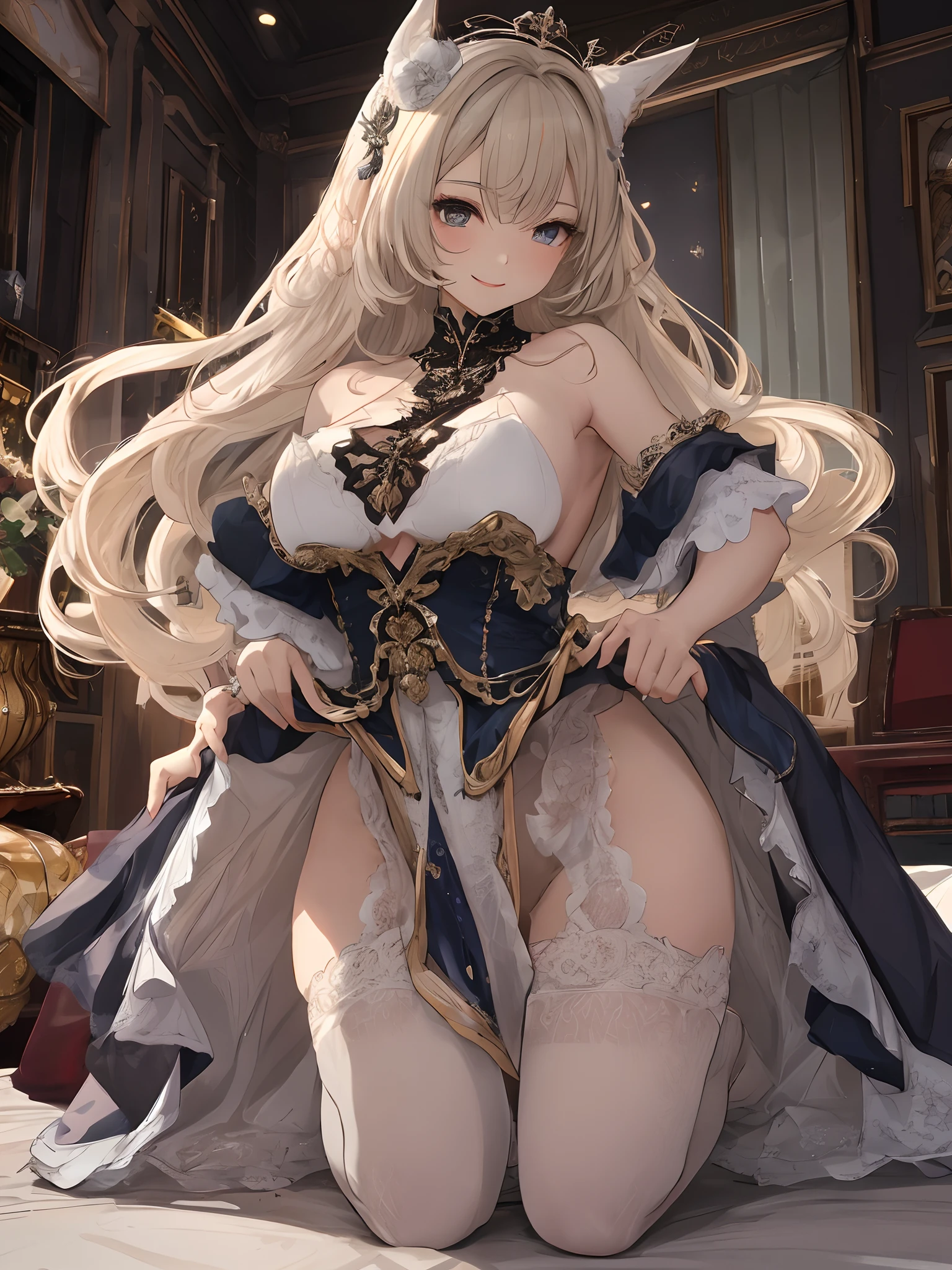 top-quality、realistic touch,high-detail、 Mothers with children、large full breasts、Sheer costumes、skirts that are too short、Not wearing underwear、big eye、long lashes、Long upper eyelashes、platinum-blonde、cute little、Beautie、A sexy、darkened room、full body Esbian、submissive look、Submissive smile、Flushed cheeks、Kamimei、Big buttocks、thin-waist、Stick your butt out on all fours、Sleeveless、visible from the side、Sexy armpits、Voluptuous thighs、Enraptured look