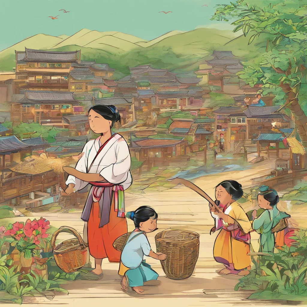 They weave beautiful flower baskets from bamboo、Clever seats、There is also a wide variety of crafts。The children are dressed in the traditional costumes of the Zhuang people,A cheerful dance was performed,Sang a beautiful song。They decorated the village with these crafts,Make the whole village more beautiful。Hua Po looked at the children,My heart was filled with emotion and joy。