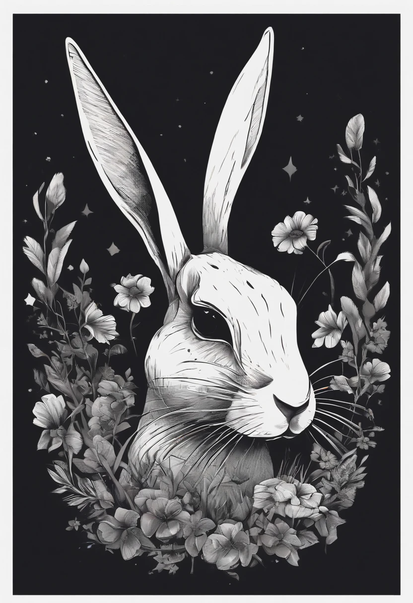 /imagine prompt: Scrawny bunny illustration with sticker on black background,The shape of a person，The outline is bold, Jagged edges, Trash core, Light and Shadow - V 5.2