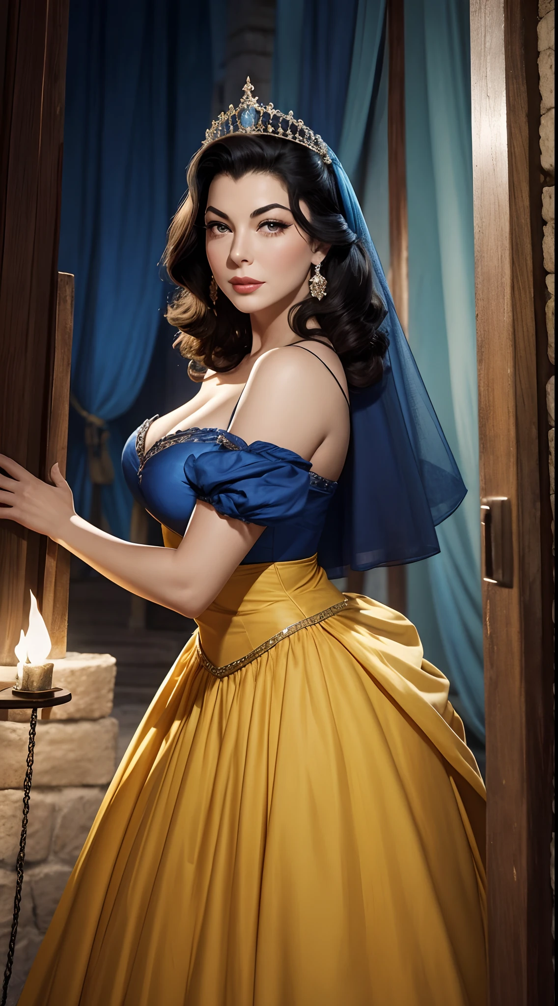 Ava Gardner, 29 anos, como a Personagem da Disney Branca de Neve, pele alva, facial expression of tenderness, cabelos pretos, Cabelos Longos, look-at-camera, classic dressed, vestido longo, vestido azul e vermelho, bordado, saia amarela, corselet azul, mangas longas, medieval palace, raios de sol, 100 millimeters, abertura de diafragma 2.8, imagem detlhada