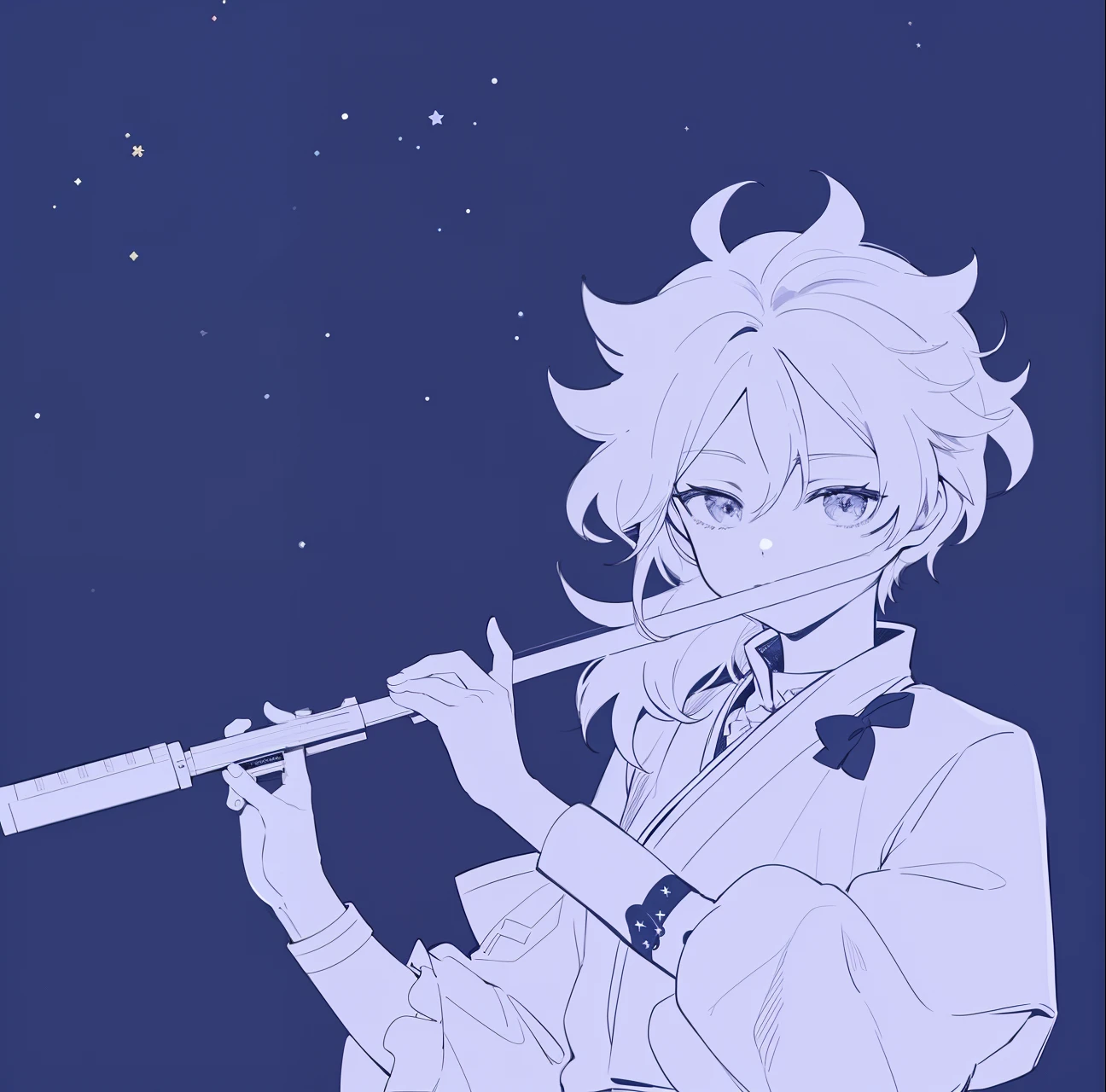 anime boy playing a flute in the night sky with stars, inspired by Okumura Togyu, anime cover, accurate depiction, high quality fanart, inspired by Okumura Masanobu, key anime art, by Kamisaka Sekka, inspired by Kamisaka Sekka, official fanart, otaku gangasta, in an anime style, background is heavenly