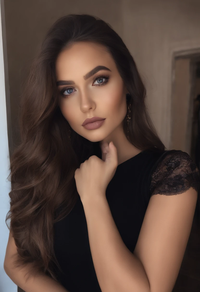 Femme  latina  avec une robe noir, fille Sexey aux yeux bruns, Portrait Sophie Mudd, cheveux bruns et grands yeux, selfie of a young woman, Yeux de chambre, Violet Myers, sans maquillage, maquillage naturel, looking straight at camera, Visage avec Artgram, Maquillage subtil, Superbe photo du corps entier, dans la rue,