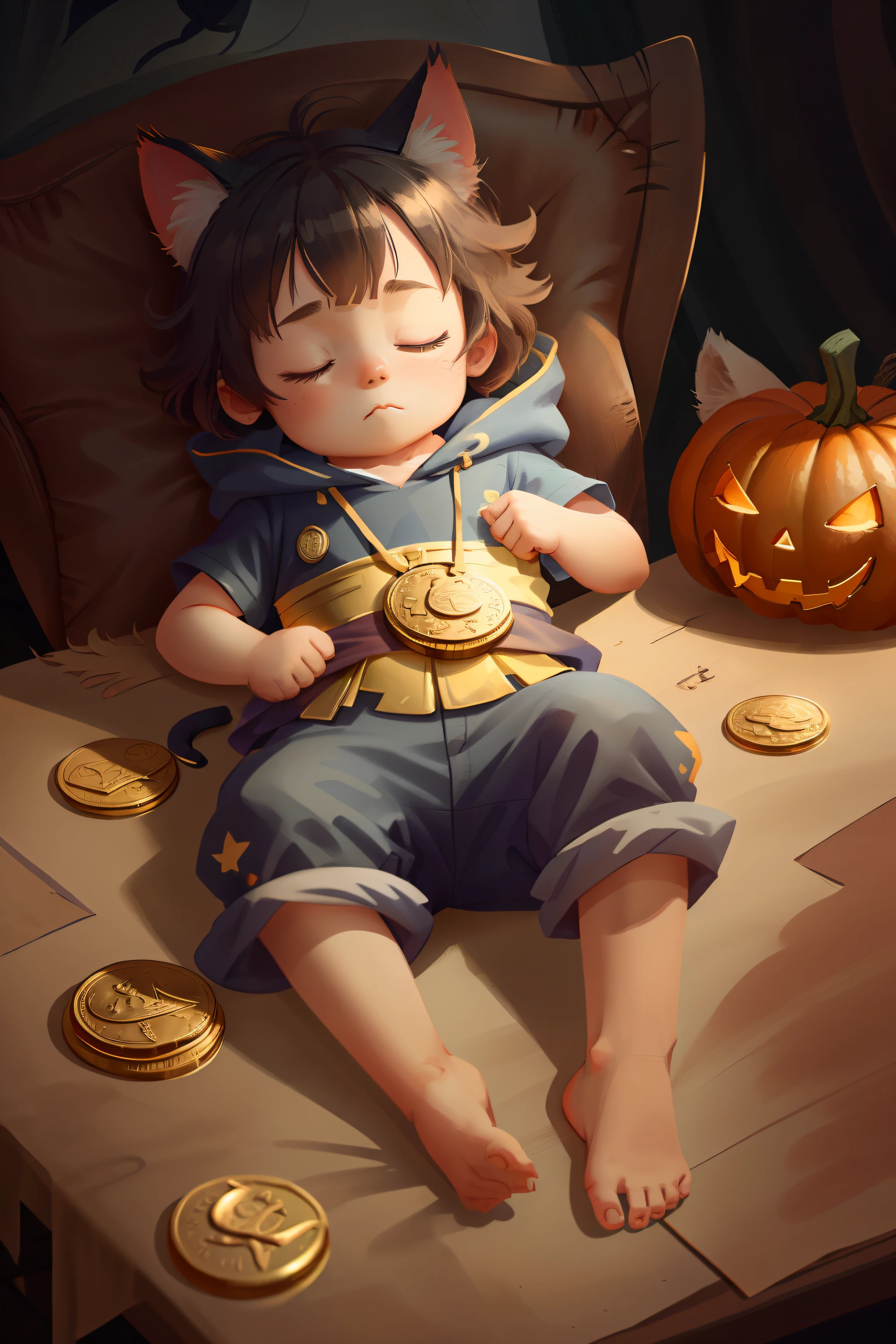 "A toddler dresses up for Halloween,2 cat ears,Lying on the table，Sleep with your eyes closed like a human。The cat's forelimbs held a huge gold coin tightly，Symbolizes the meaning of holding wealth。The cat's posture is relaxed and natural，It's like a person napping in the afternoon sun。