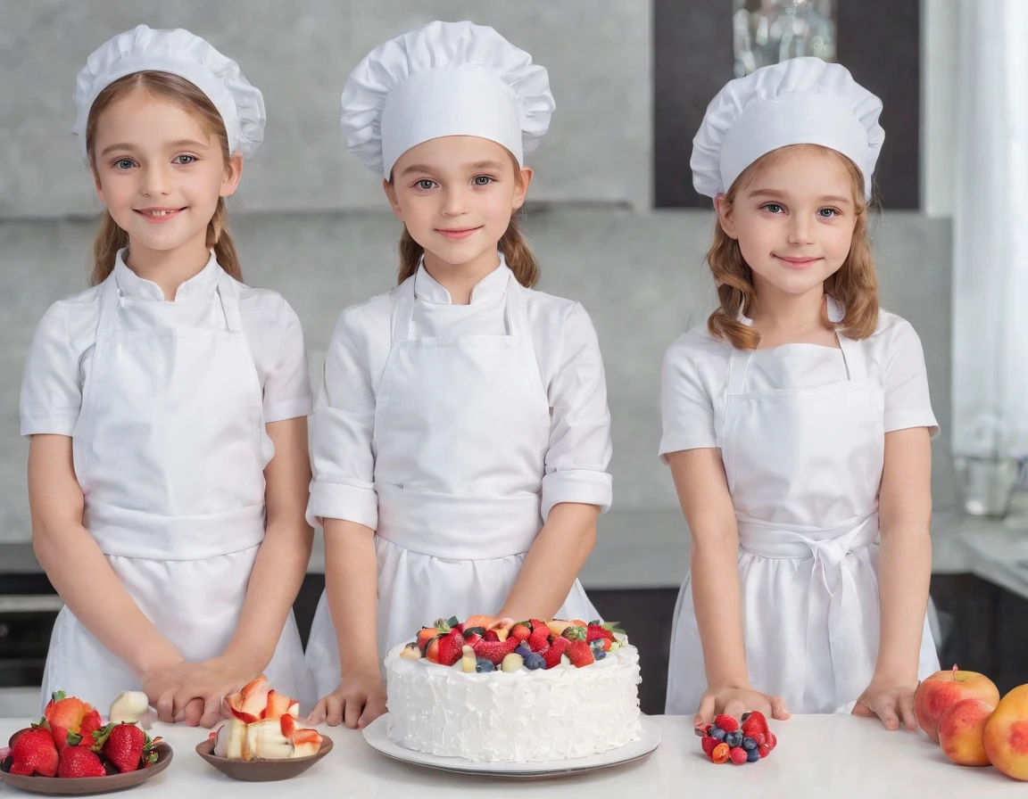 Three *********** girls in full height,  in a kitchen, Making cakes together.  flirting with camera, kitchen, dress and apron, fruits, Flowers on the table, Preparation of cakes and pastries.