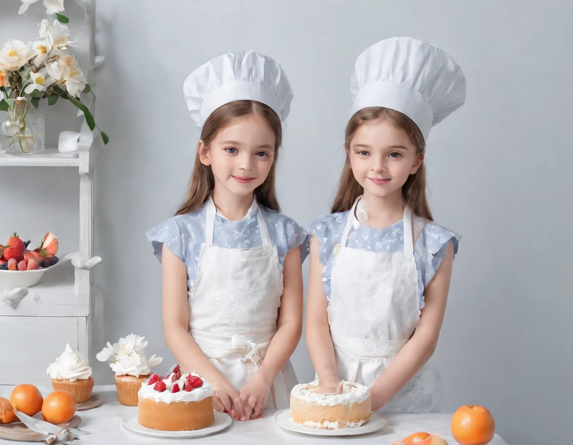 Three  girls in full height,  in a kitchen, Making cakes together.  flirting with camera, kitchen, dress and apron, fruits, Flowers on the table, Preparation of cakes and pastries.