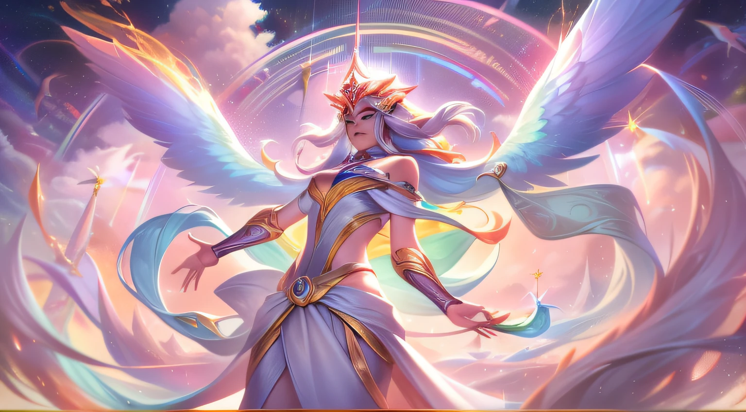 Splash Art Base "Lyra, Guardian of the Kingdom of Heaven" Featuring dazzling and otherworldly scenes. Stand in the middle of a paradisiacal landscape, Lyra, Empathetic guardians, Exudes a sense of tranquility and wisdom. His appearance is a heavenly being, Dotted with sparks, The rainbow-colored wings emit an ethereal glow. Leila's empathetic cast is on full display, is depicted as a line of energy flowing from his outstretched hands. These ley lines are connected to the champions around you, Symbolizes your ability to channel and manipulate emotions. in the background, The cosmic landscape adds to the grandeur of the image. Twinkling stars and distant galaxies create a sense of wonder and awe, The focus is on Leila's heavenly origins and her role as an emotional guardian. The color palette is a harmonious blend of soft pastel tones, creating a serene and peaceful atmosphere. The overall composition exudes a sense of calm and inner strength, A reflection of the harmonious balance that Leila strives to achieve.full bodyesbian