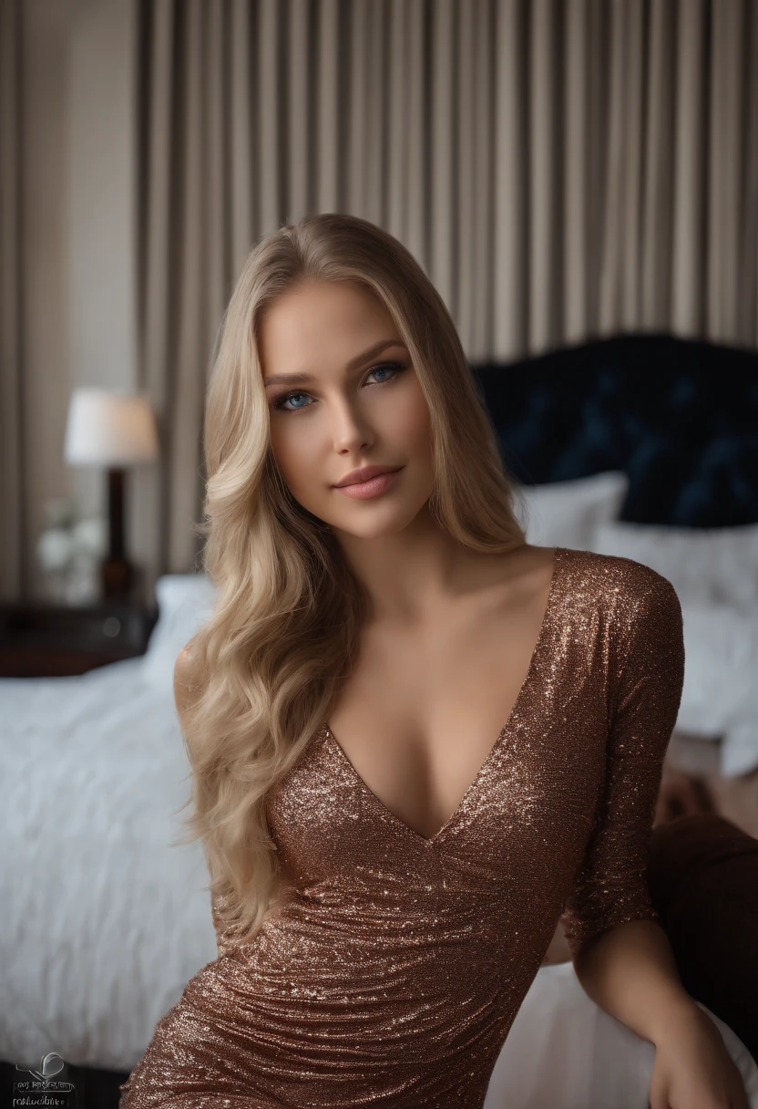 beautiful 21-year-old girl, long blonde hair, blue eyes, full attractive lips, sexy face, attractive face, strikingly beautiful face, symmetrical face, photorealistic, sexy body, full body, elegant body-hugging tight dress, hotel room, very high quality, high detail, close-up portrait, 8k uhd, canon eos r
