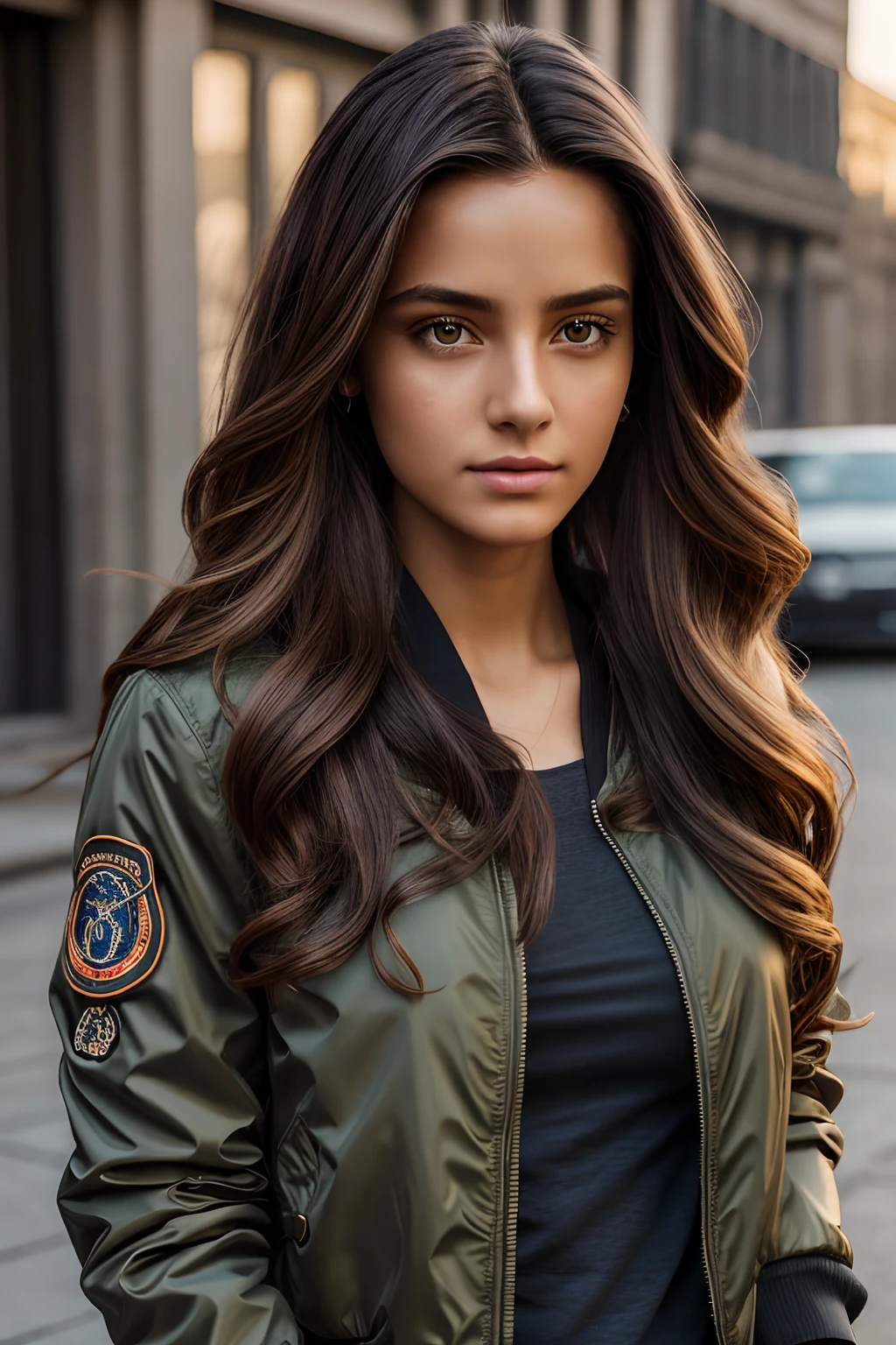 Natural photography of a beautiful girl, wearing a bomber jacket, leaning over, long flowing hair, big bust, locks eyes into the camera, symmetrical eyes, symmetrical face, photorealistic, photography, path tracing, specular lighting, path traced hair, visible shadows,