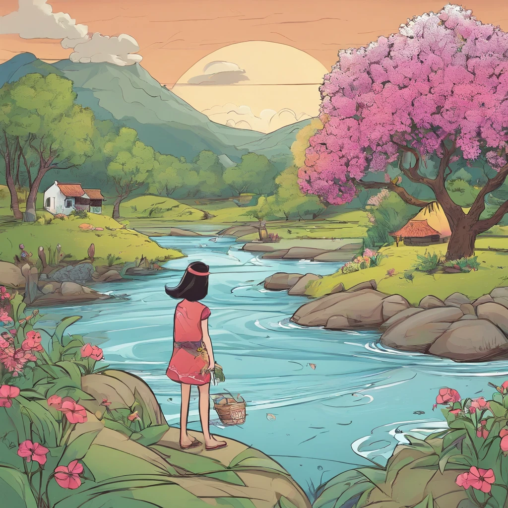 One day，The children of the village play in the mountains，Suddenly, there was a flash flood，The river swelled。The village is in danger of being submerged。The children panicked，They are looking for places to hide。That's right，The flower woman appeared，She told the children not to be afraid，Because she knows a magical place，You can take them to avoid disaster。
