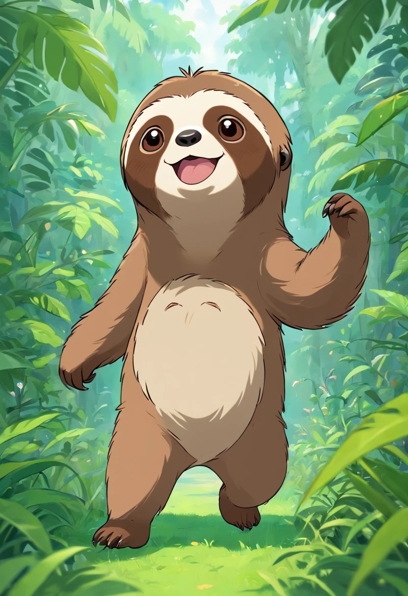 (Best Quality, hight resolution), Anthropomorphic sloth character, Adorable, Bipedal walking, Wearing a T-shirt, Standing in the grass, Looking at the viewer, "Chibi Body"