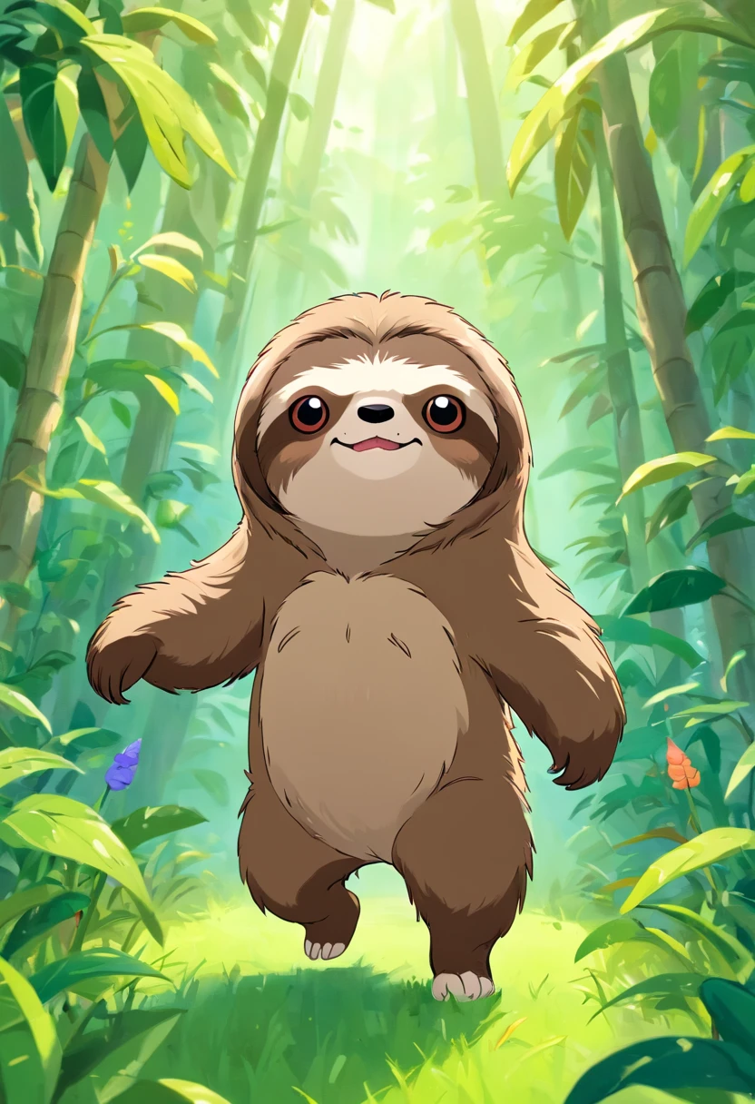 (Best Quality, hight resolution), Anthropomorphic sloth character, Adorable, Bipedal walking, Wearing a T-shirt, Standing in the grass, Looking at the viewer, "Chibi Body"