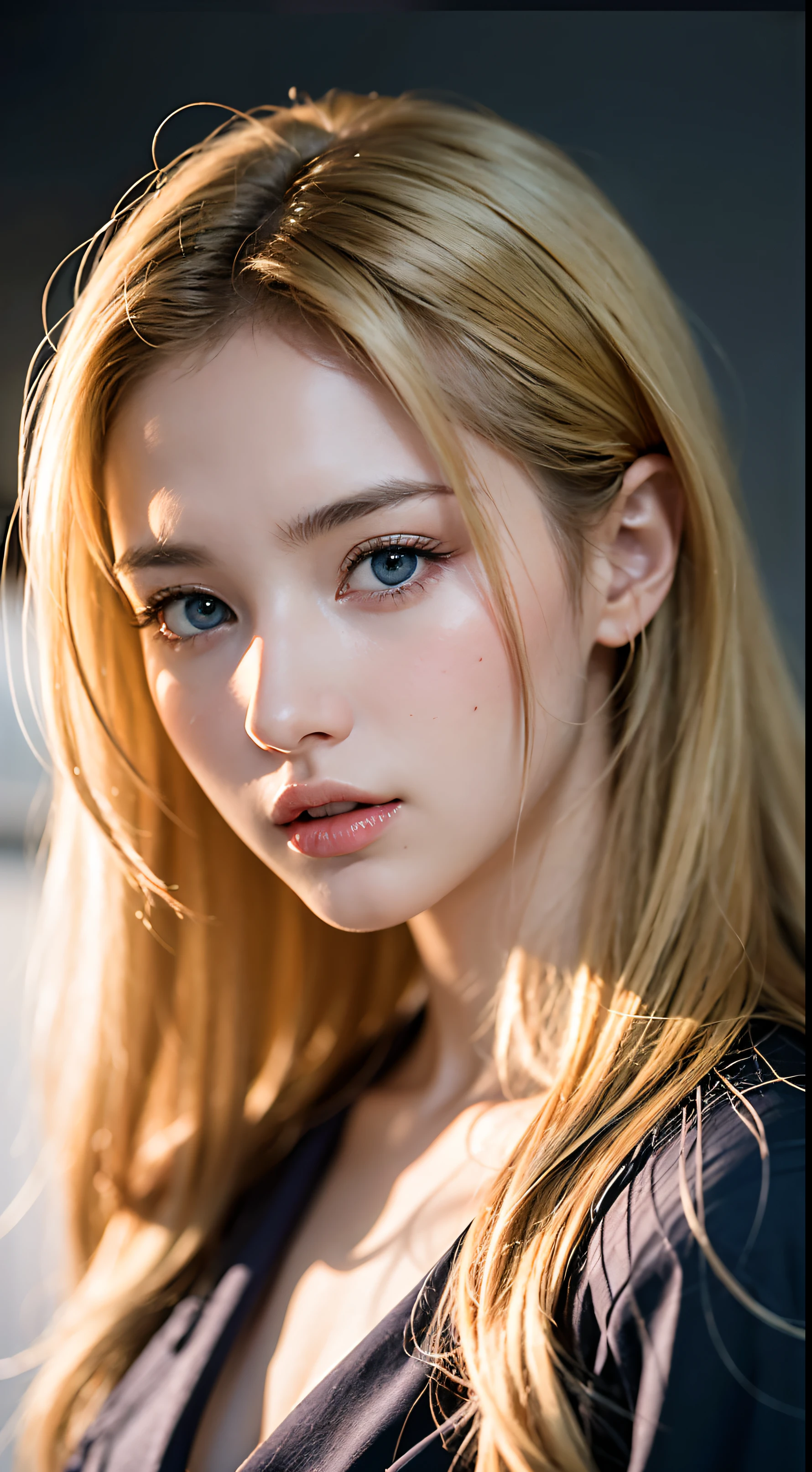Best quality, masterpiece, ultra high res, (photorealistic:1.4), raw photo, 1girl, blonde hair, blue eyes, detailed eyes and face, black suit, dynamic lighting, in the dark, deep shadow, low key, cowboy shot full-lenght body