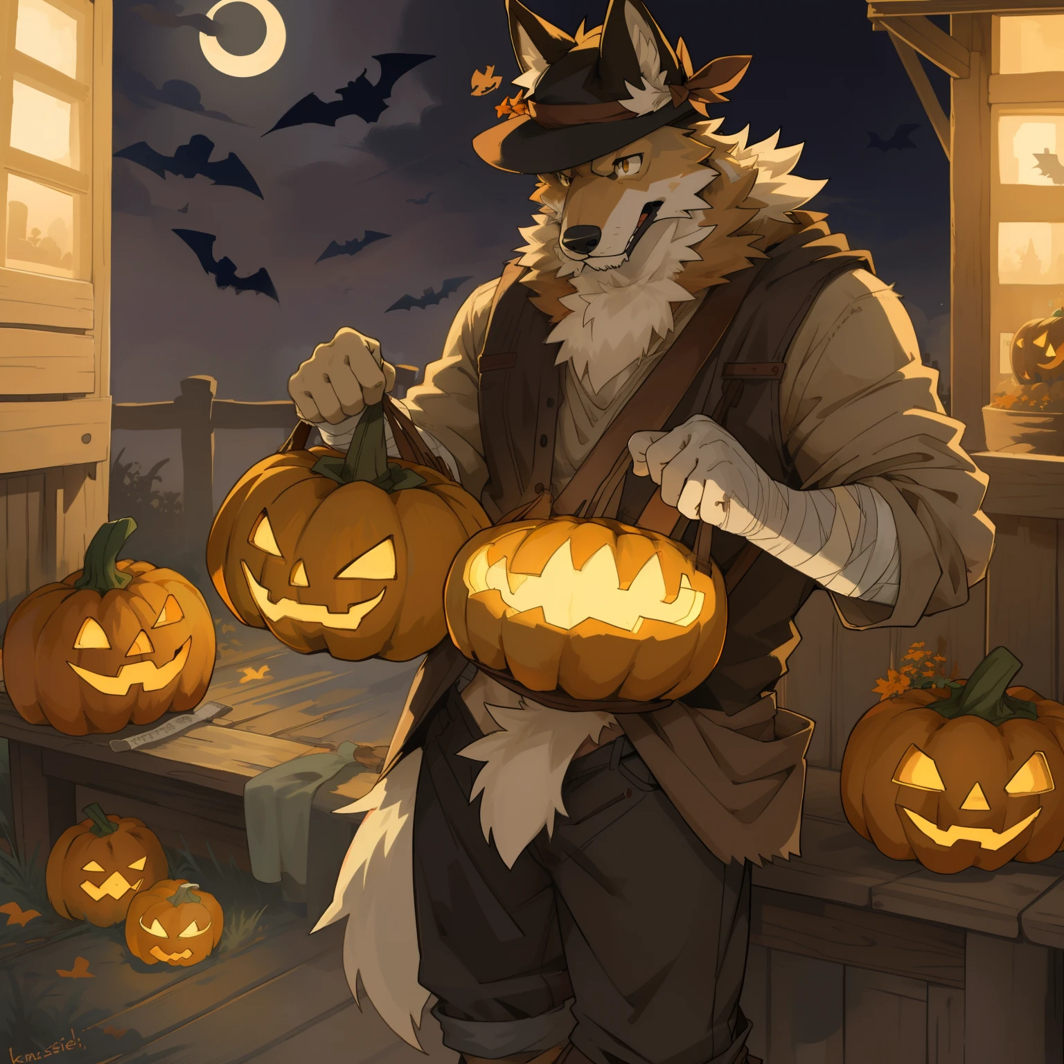 male people， Humanity， hairy pubic， coyote， White fur，halloween， Bandaged， Hold the pumpkin basket， EasyMasterpiece， （by Kenket）（by Pino Diane）