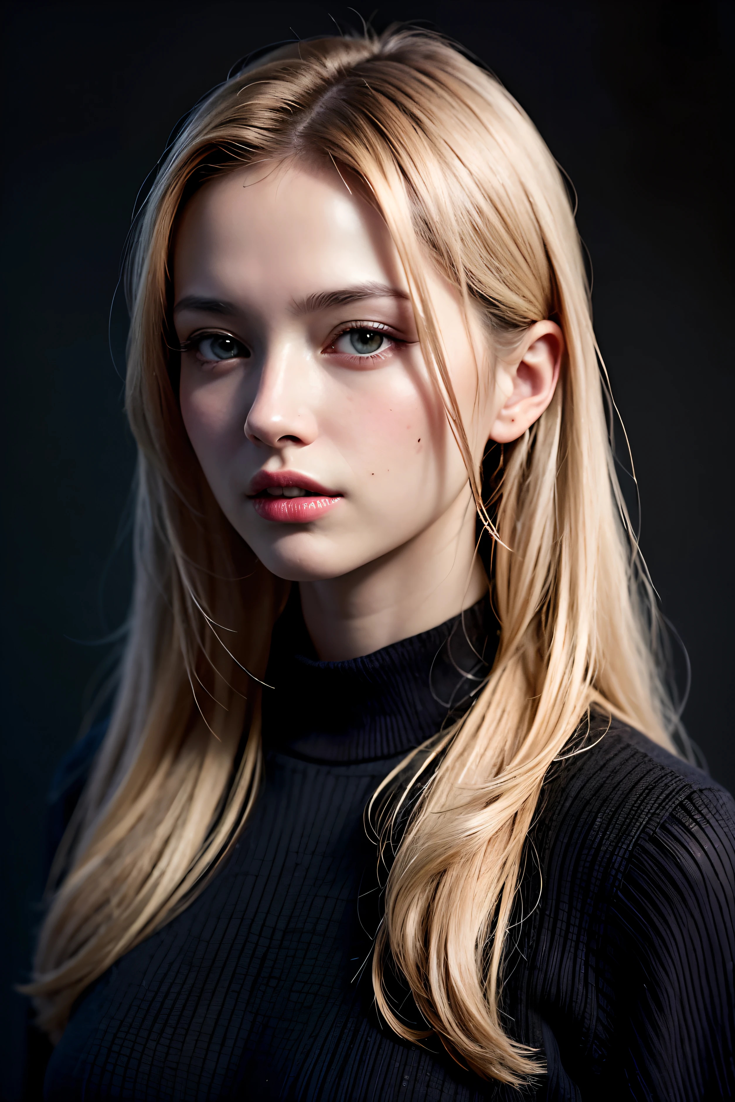 Best quality, masterpiece, ultra high res, (photorealistic:1.4), raw photo, 1girl, long hair, gold hair, detailed eyes and face, black sweater, dynamic lighting, in the dark, deep shadow, low key, cowboy shot