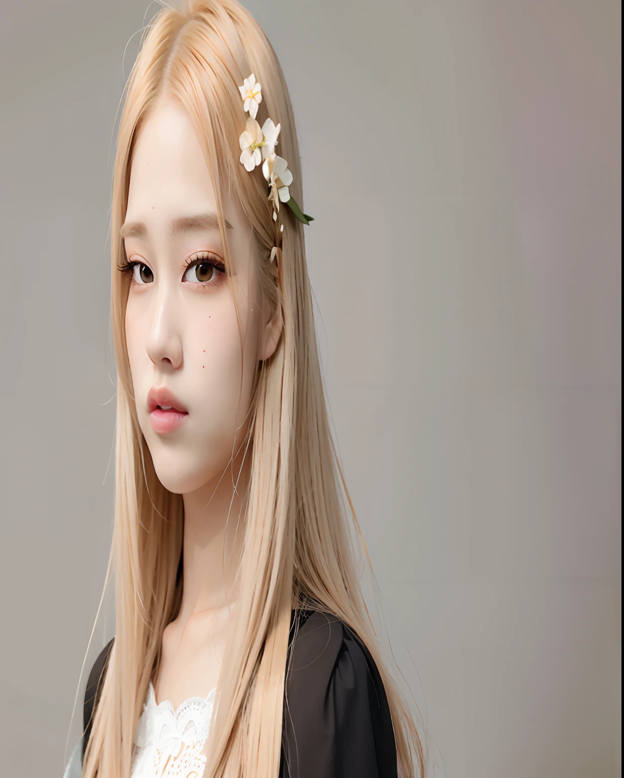 Muchacha rubia con flor en el pelo posando para la imagen sobre fondo gris, Retrato de Jossi de Blackpink, portrait of female Korean idol, Retrato de Kpop Idol, Parque Roseanne de Blackpink, maquillaje popular de Corea del Sur, Amy Sol al estilo de, Jossi de Blackpink, Jinyoung Shin, Jaeyeon Nam, Retrato Jisoo Blackpink, maquillaje coreano popular, Joven y adorable rostro coreano