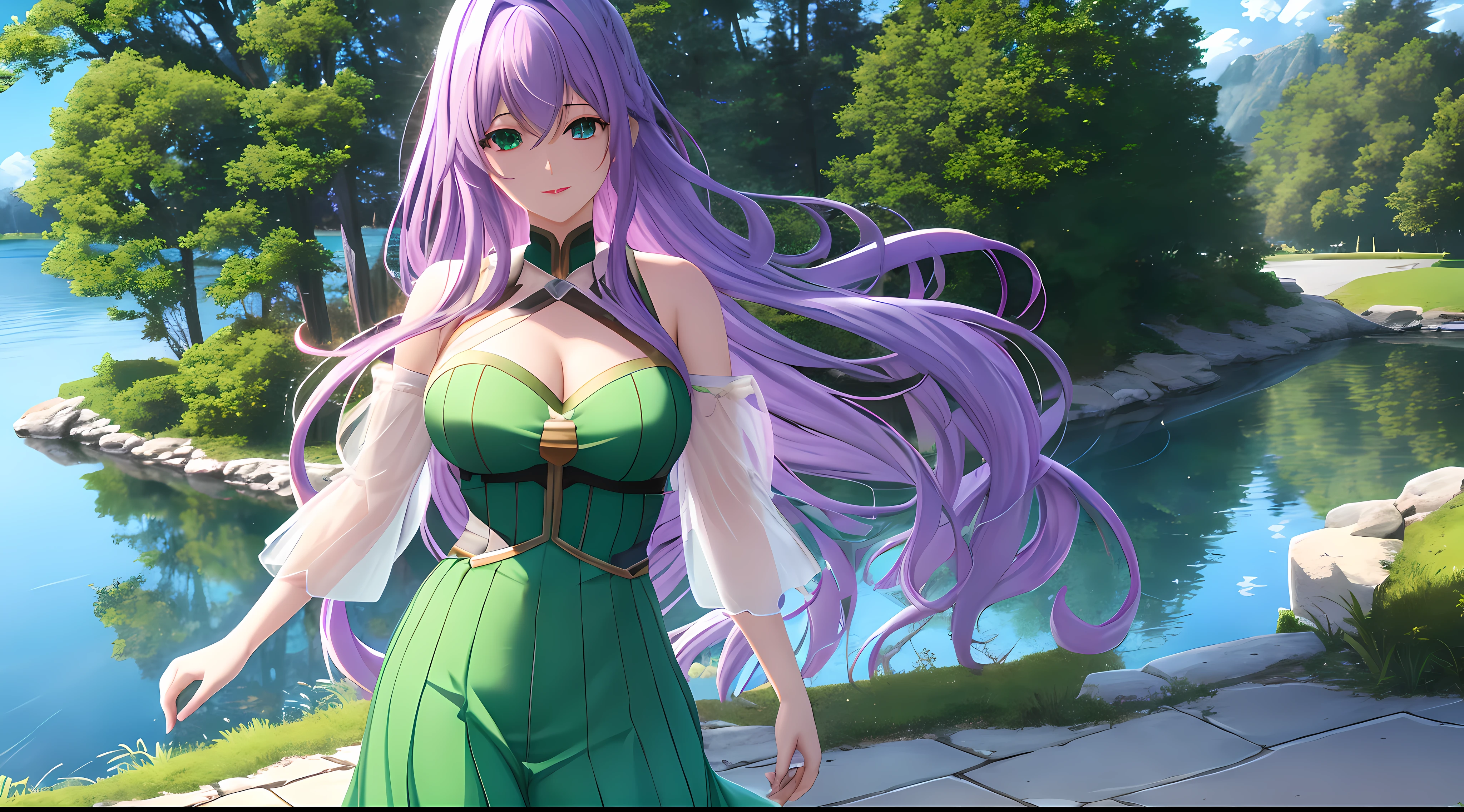 Athena with plain long light purple hair,hair between eyes,green eyes,rosy cheeks,full lips,thin eyebrows,slender body,wearing dc comics green lantern uniform and full long skirt,cute anime girl,full body,rivers and lakes in background,anime style,Lumen Reflections,Screen Space Reflections,Diffraction Grading,Chromatic Aberration,GB Displacement,Scan Lines,Ray Traced,Anti-Aliasing,FXAA,TXAA,RTX,SSAO,Shaders,OpenGL-Shaders, GLSL-Shaders,Post Processing,Post-Production,cell Shading,Tone Mapping,CGI,VFX,SFX,insanely detailed and intricate, 4K,standing, solo, masterpiece, best quality, detailed face, detailed eyes, highres, standing, solo,masterpiece, best quality