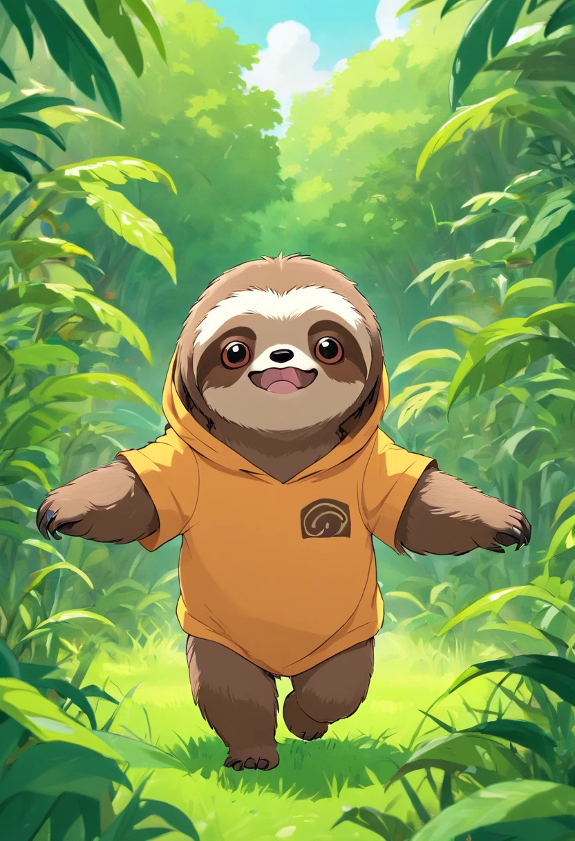 (Best Quality, hight resolution), Anthropomorphic sloth character, (I'm wearing a t-shirt), Adorable, Bipedal walking, Standing in the grass, Looking at the viewer, "Chibi Body",short