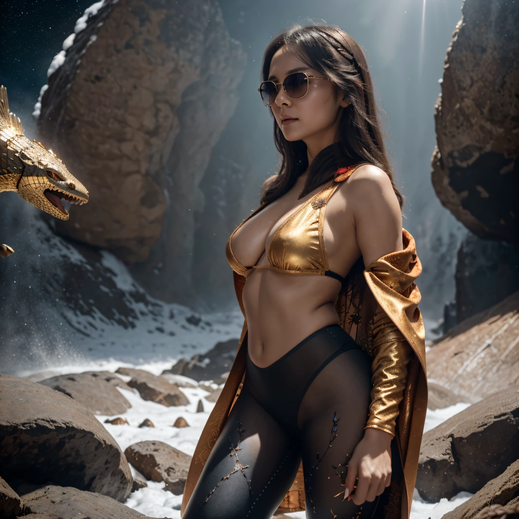 cinematic cgsociety,Fly the Nine-Tailed Light Blue Sky Division Flame Hairy Bear Star,Erotic,Torch Night Black Gold Orange Brocade Silk Snake Print Silk Pants,Rouge diamond tulle sheer lizard-patterned leggings,Fat woman flying in the snow in space,Front view,Pure transparency,Wear boxing gloves,Wear thick-rimmed reflective sunglasses with gold threads,Panorama ultra-wide angle,extremely happy,The texture of the real person is delicate,Strong visual impact,Hyper-detailing,Dream girl,Refined face,prettyeyes,Hair strands float in the air, Cherry model,Zhou Xiaotong,crystal-clear,Good sense of perspective,Light and shadow effects,16K smooth,Surface reflected light,,Tropical canyon battle scene、Chinese big breasts、Quaint、three kingdom、ember、100 people、Telephoto vista(CG)、Intense CG battles、high detal、masuter piece、NSFW,Multi-layered long-sleeved gauze garment,Quick-drying vest,Linen sweater,Crocodile skin cape,golden shoulder pads, Silver hammer pattern cape, Burgundy body hair,Water vapor female spy,Shower buttocks green fruit milk jelly flat chest,Pine silk fish net knee brace space dance,Hexagonal prism,Put on a pineapple knife sprinkled with gold,extremely happy,Border winter rain(Tropical canyon battle scene)((Scenes))(Extremely detailed Cg Unity 8K wallpaper,Masterpiece, Best quality, Ultra-detailed)He played Huang Yaoshi in the movie,