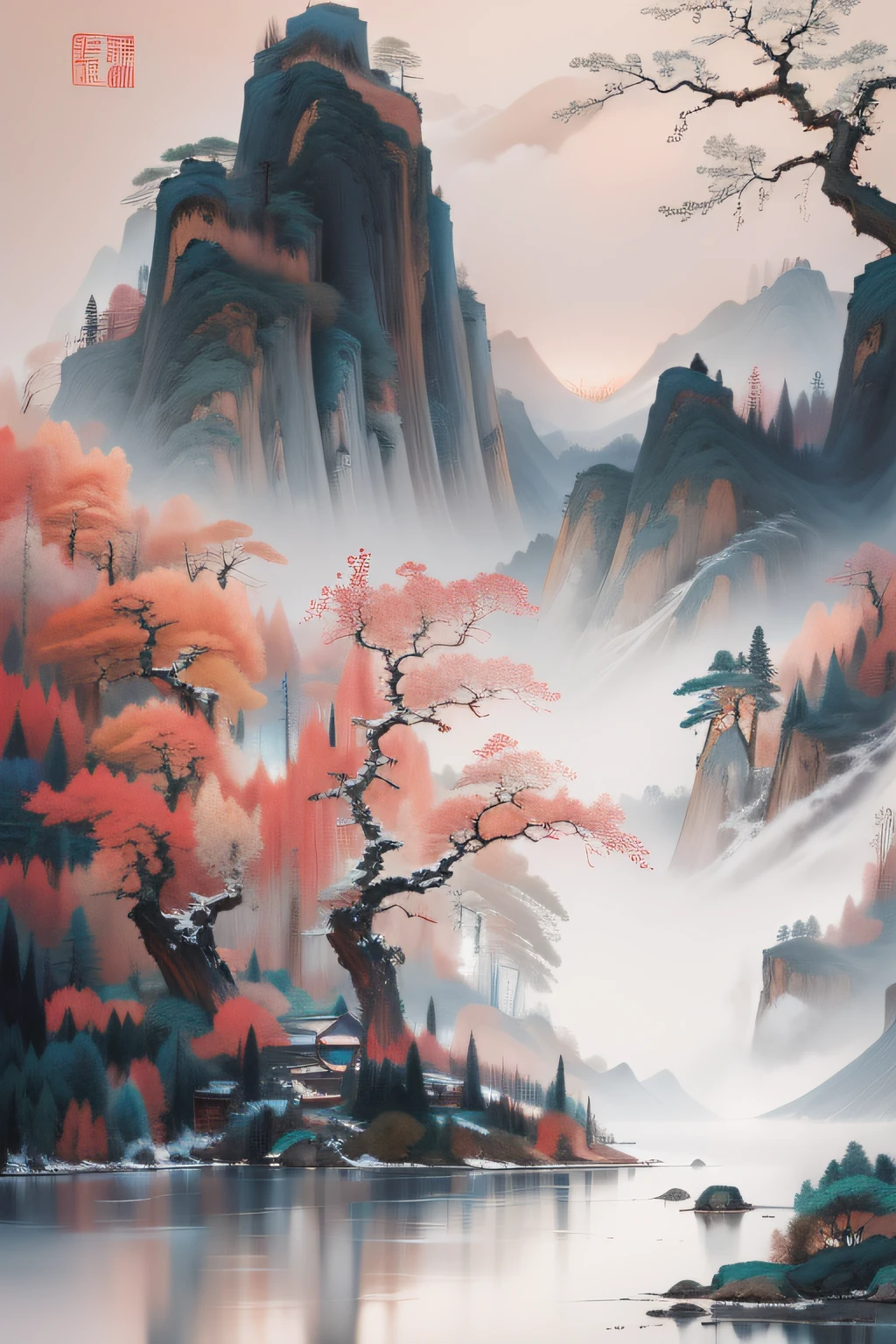 ((Masterpiece)),((Best quality)),((High- sharpness)),((Realistic,)) Chinese landscape ,closeup view,Mist ,Heavy fog,Lakes and waves,tree,snow mountains,Reflection,Minimalism,zen aesthetic,Zen composition,Chinese landscape painting,4K((Masterpiece)),((Best quality)),((High- sharpness)), ((Utra Sharp:1.4)), Clear background ,John Bowson,Backlight,Tyndall effect,A bird, Sparkling lake , Pink octane rendering science fiction, New Moon, Red sky, Gradient background