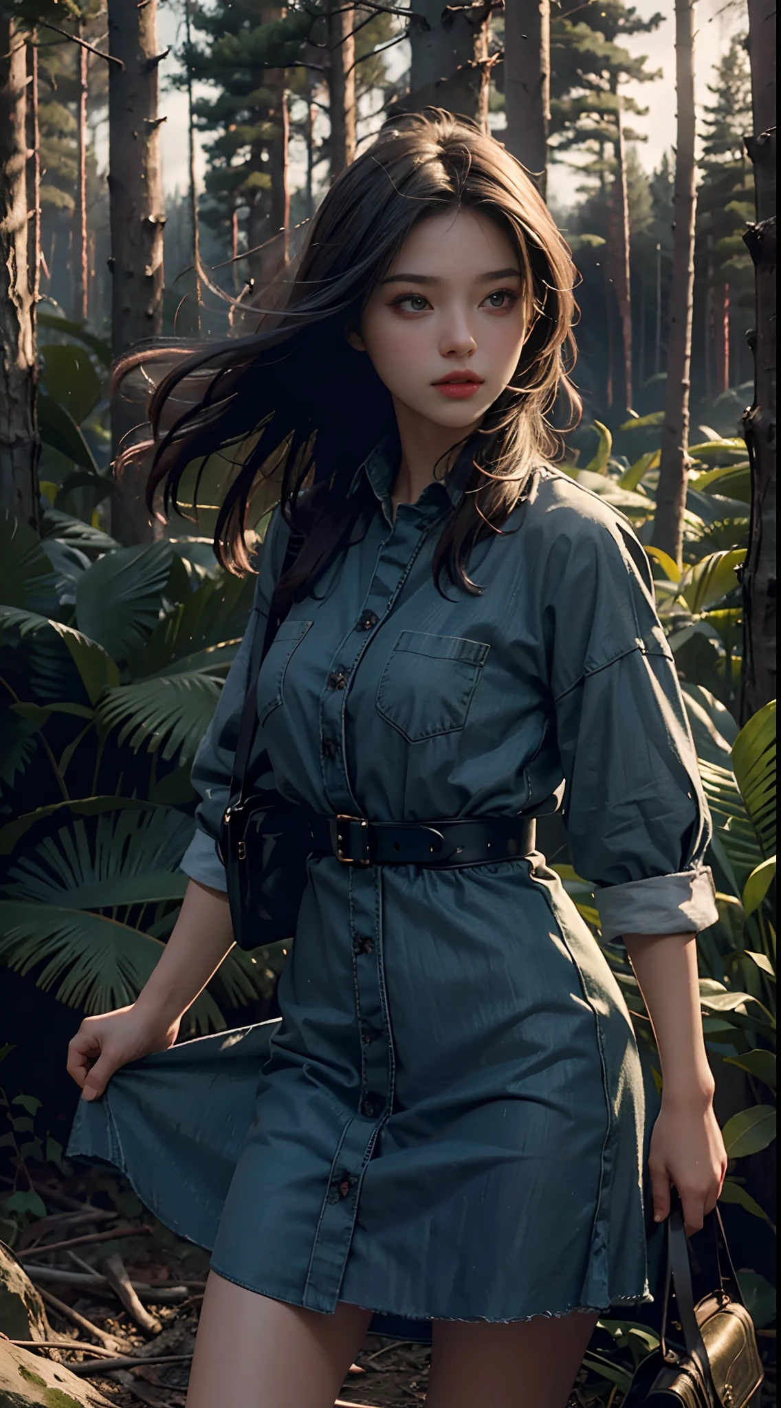Best Quality, Masterpiece, Ultra High Resolution, (Photorealistic: 1.4), Original Photo, 1Girl, Dress, Cinematic Lighting, (Wilderness Escape: 1)