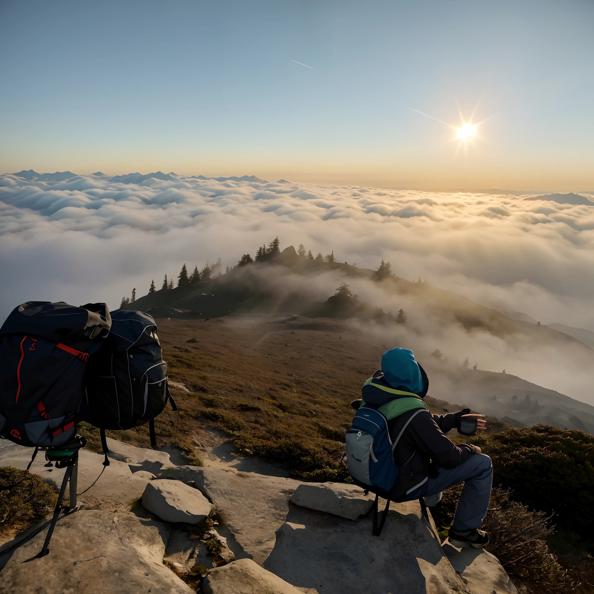 There was a man sitting on the top of a hill with a backpack on his back, 8 k''. filling of the view, 8 k''. filling most of the view, walking above the clouds and fog, on top of mountain, At the summit, during sunrise, At the top of a mountain, on deep forest peak, At sunrise, still from nature documentary