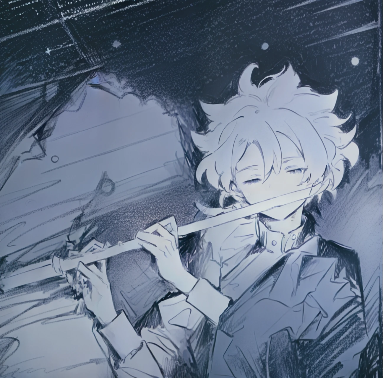 anime boy playing a flute in the night sky with stars, inspired by Okumura Togyu, anime cover, accurate depiction, high quality fanart, inspired by Okumura Masanobu, key anime art, by Kamisaka Sekka, inspired by Kamisaka Sekka, official fanart, otaku gangasta，The color of the clothes is romantic