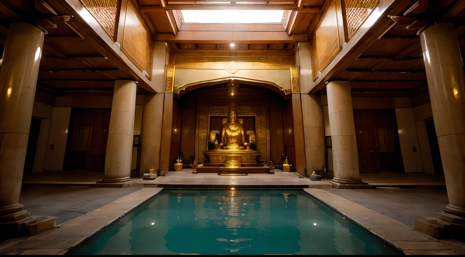 Let's draw a temple hall. Closed space in the house. There is a large Buddha statue and water surface. Buddha statue in the center of the hall. Focus the light only on the Buddha statue. There are 2 more entrances behind the Buddha statue