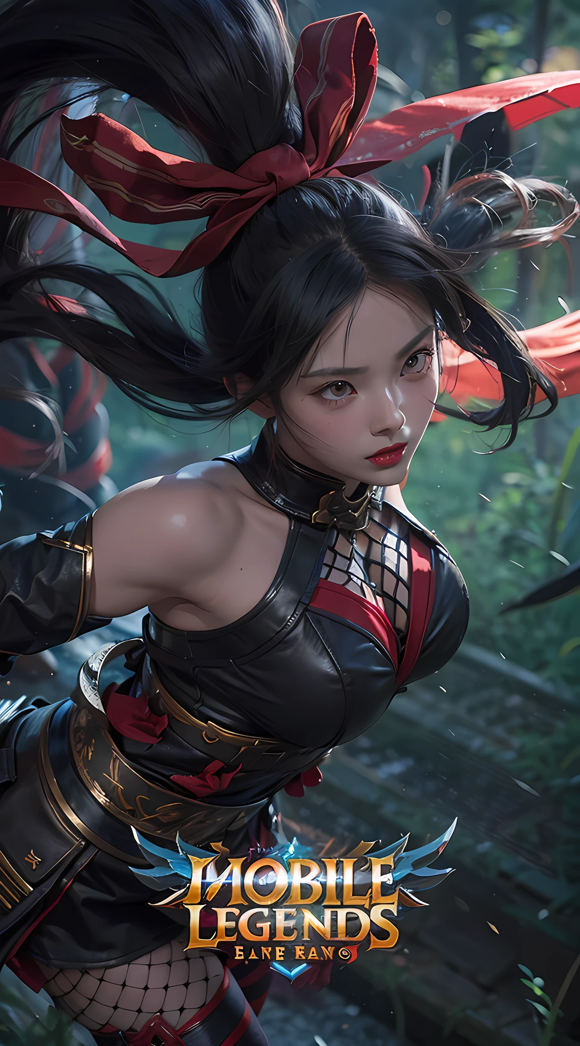 hanabi from mobile legends game, black hair, ponytail, red ribbon, shinobi outfit, dynamic pose, relisem, 4k, hd, 1080p