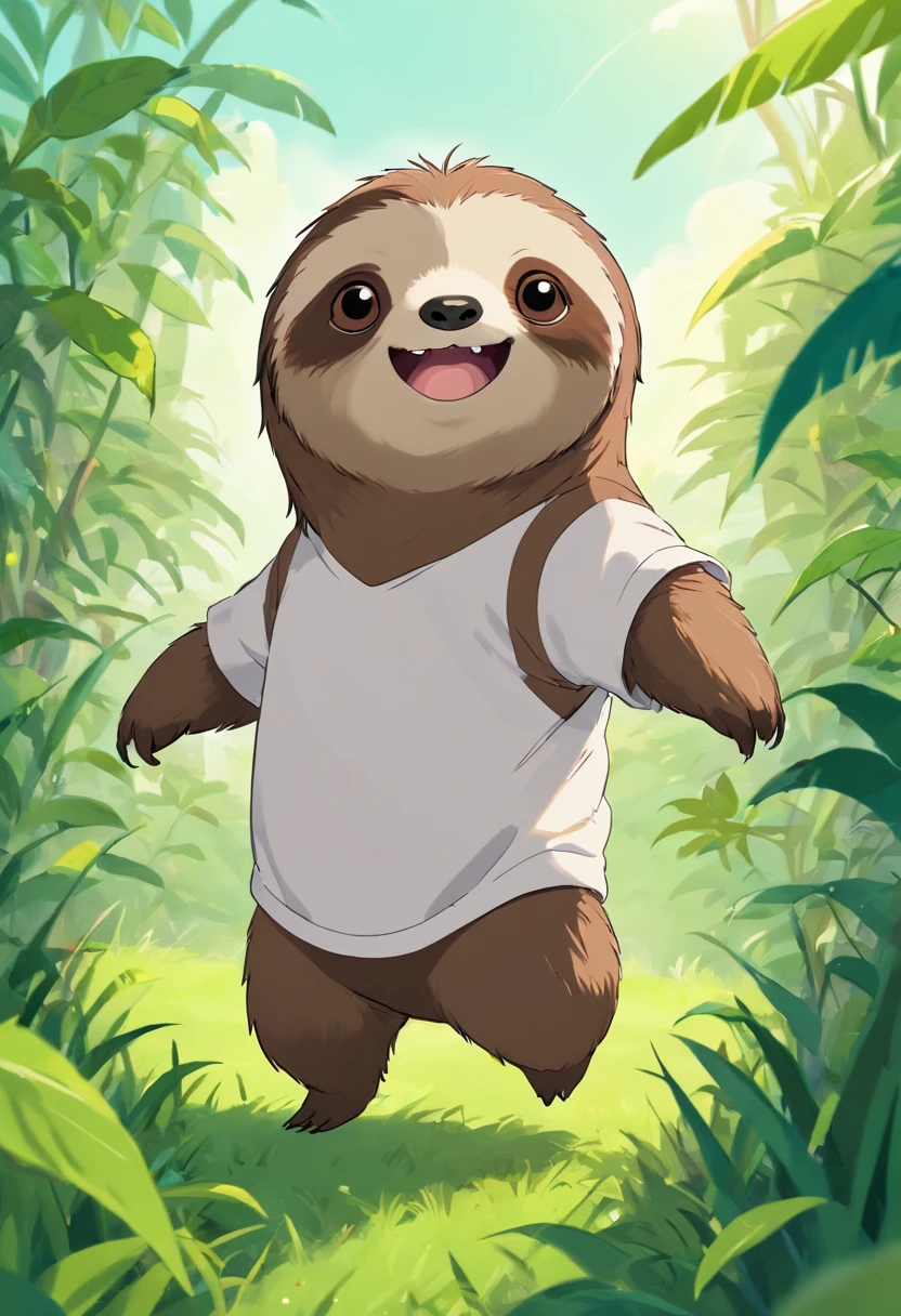 (Best Quality, hight resolution), Anthropomorphic sloth character, (I'm wearing a short T-shirt:1.2), Adorable, Standing in the grass, Looking at the viewer, "Chibi Body",short