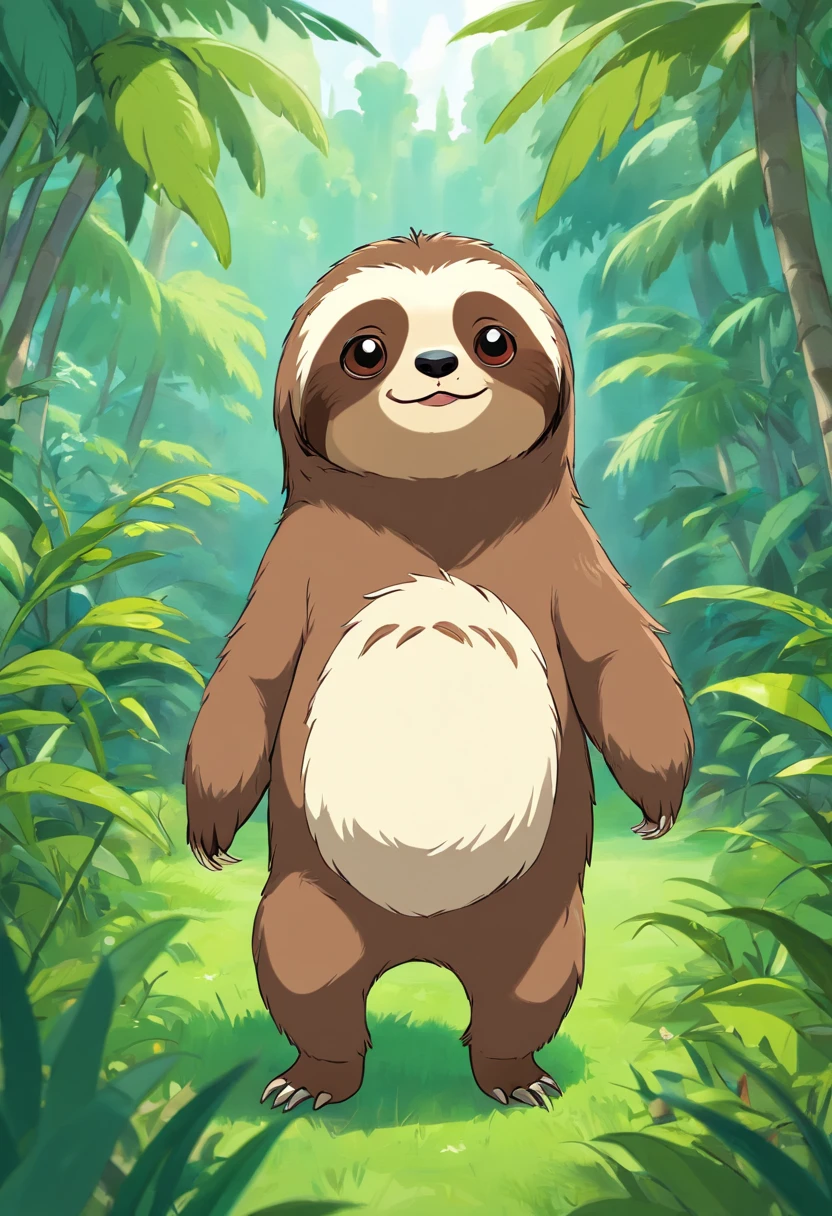 (Best Quality, hight resolution), Anthropomorphic sloth character, (I'm wearing a short T-shirt:1.2), Adorable, Standing in the grass, Looking at the viewer, "Chibi Body",short