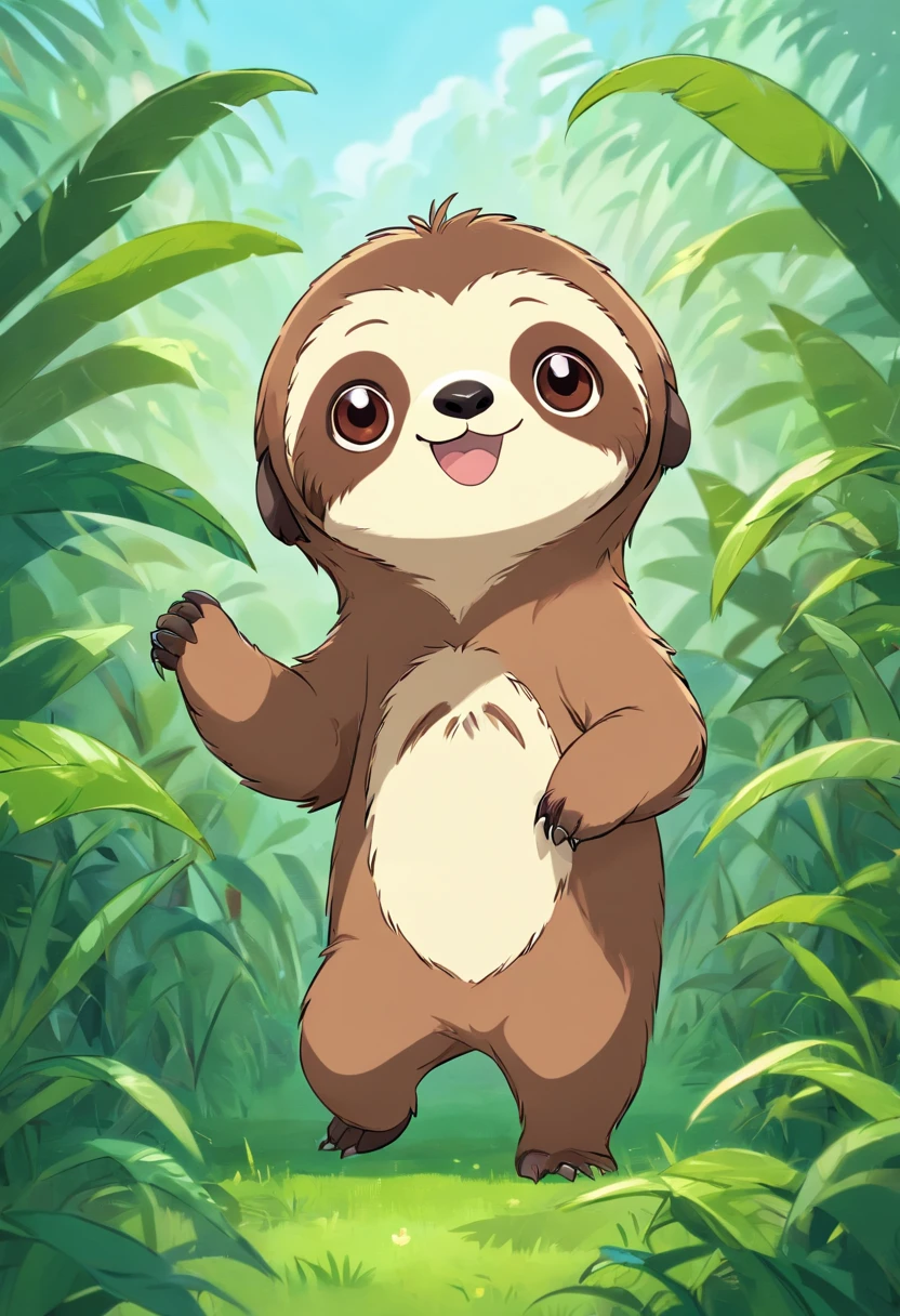 (Best Quality, hight resolution), Anthropomorphic sloth character, (I'm wearing a short T-shirt:1.2), Adorable, Standing in the grass, Looking at the viewer, "Chibi Body",short