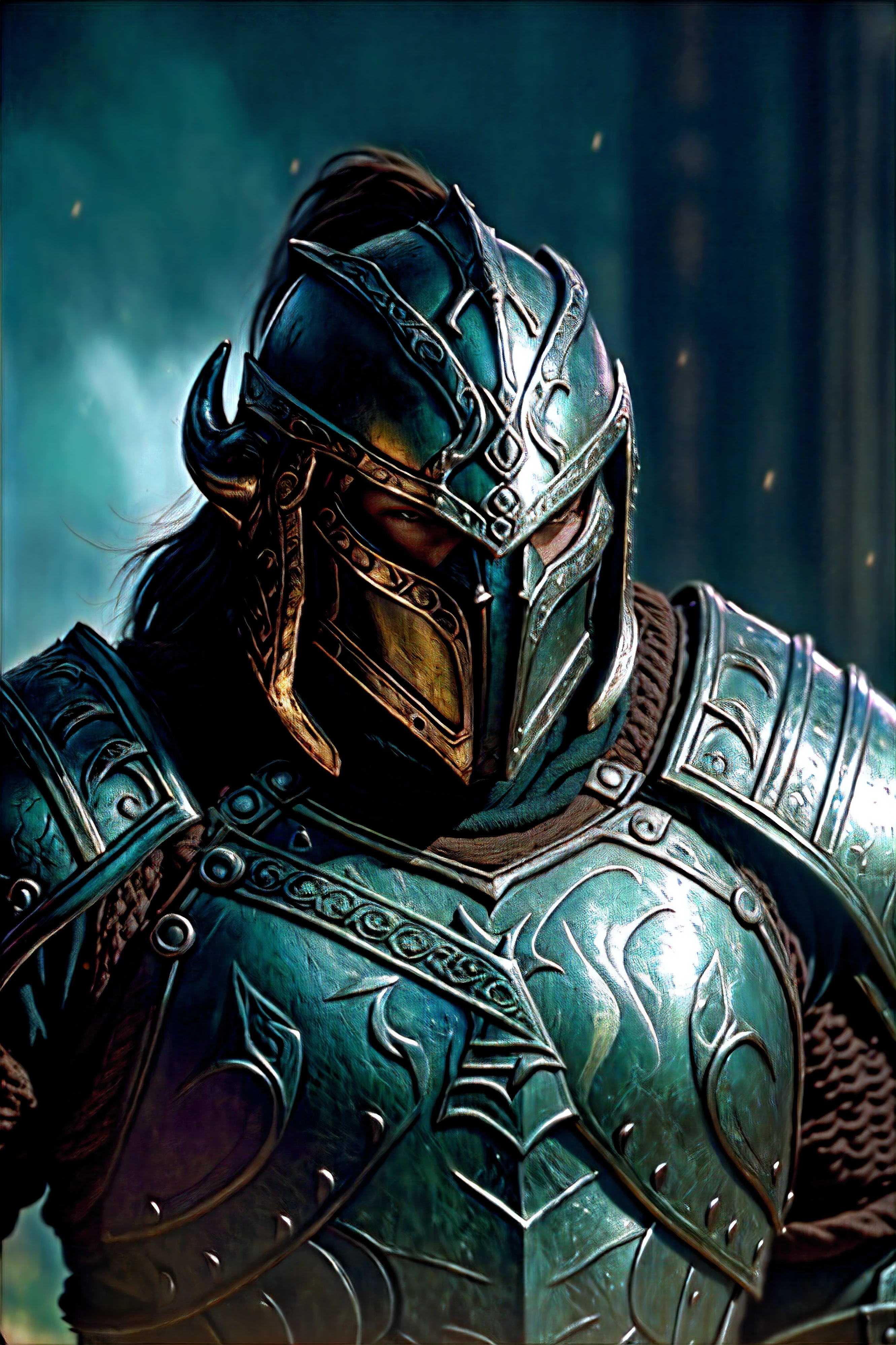 Masterpiece, best quality, cinematic film still, of (the Dragonborn from Skyrim, walking towards camera), muscular, [medieval|dark fantasy]_\(setting\), (wearing full set of ornate ebony armor, helmet), (male), dramatic lighting, Skyrim box art, lifelike textures, (photorealism:1.1), RTX, (backlighting:0.8), vivid details, shallow depth of field, photographed on a Canon EOS-1D X Mark III, 50mm prime F/2.8 lens, sharp focus, (hyperdetailed, intricately detailed), HDR, 8k, cinestill 800, particle effect, (Norse|Viking), 8mm film grain