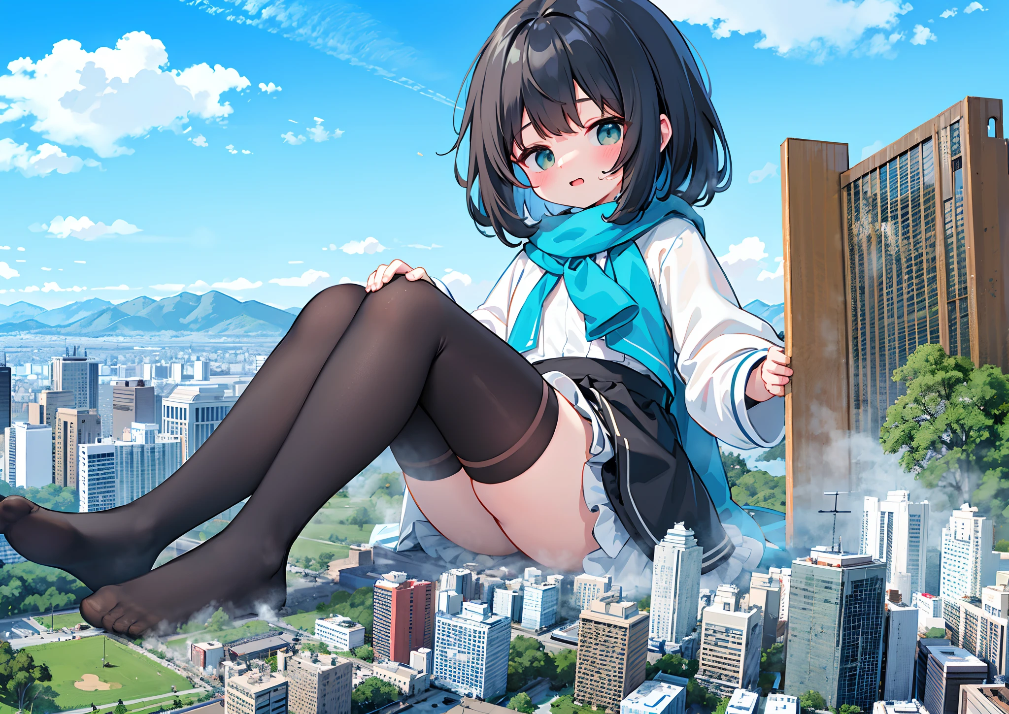 1girll,，Clouds， view over city， mountain ranges， Masterpiece, Best quality, Highly detailed,Masterpiece,Best quality,offcial art,Extremely detailed Cg Unity 8K wallpaper，{{{Giantess}}}，Giant，1girll，{Black stockings}，modern miniature city，A cold expression，Sit on a modern miniature city，Destroyed buildings，looking toward the viewer，The feet emit steam，Smash the city，