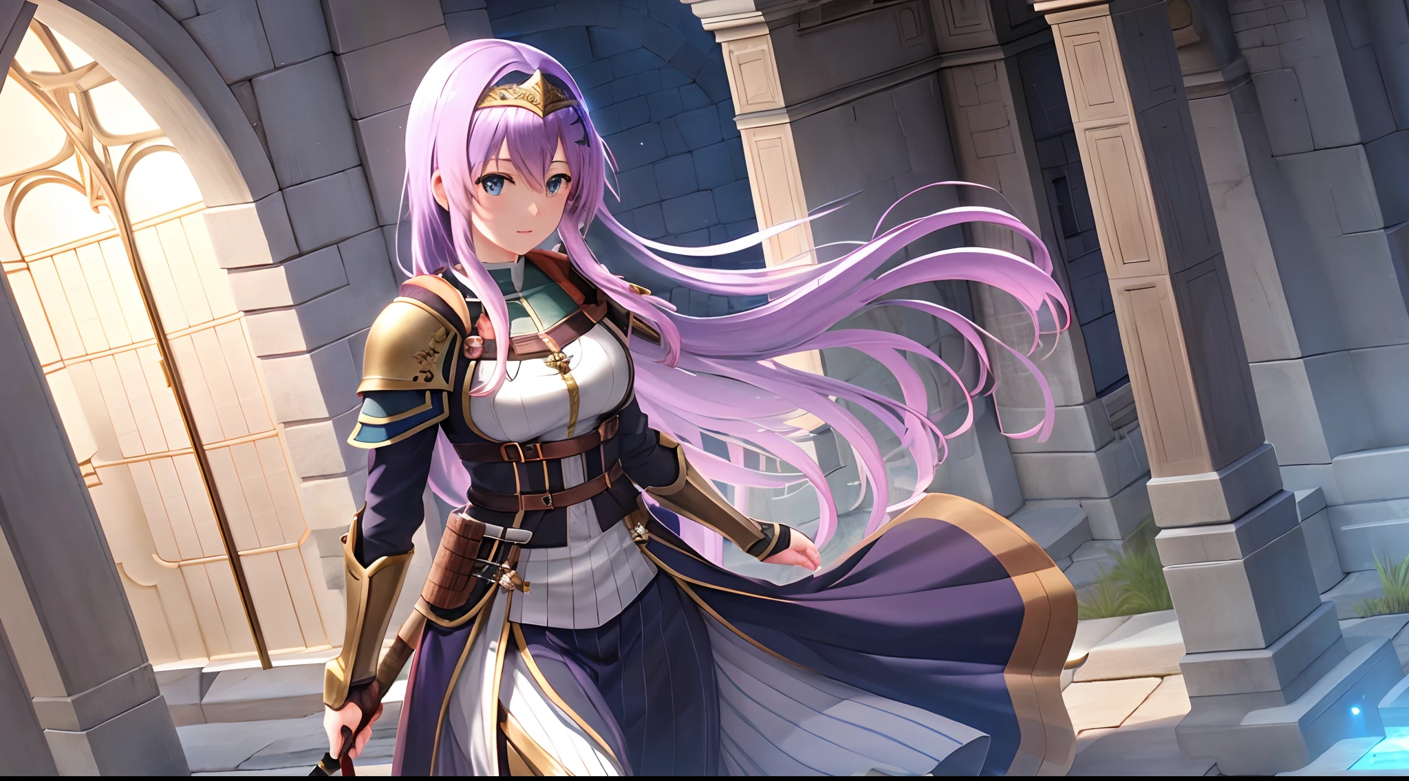 Athena with plain long light purple hair,hair between eyes,green eyes,rosy cheeks,full lips,thin eyebrows,slender body,wearing knight armor and helmet and full long skirt,cute anime girl,full body,medieval castle in background,anime style,Lumen Reflections,Screen Space Reflections,Diffraction Grading,Chromatic Aberration,GB Displacement,Scan Lines,Ray Traced,Anti-Aliasing,FXAA,TXAA,RTX,SSAO,Shaders,OpenGL-Shaders, GLSL-Shaders,Post Processing,Post-Production,cell Shading,Tone Mapping,CGI,VFX,SFX,insanely detailed and intricate, 4K,standing, solo, masterpiece, best quality, detailed face, detailed eyes, highres, standing, solo,masterpiece, best quality