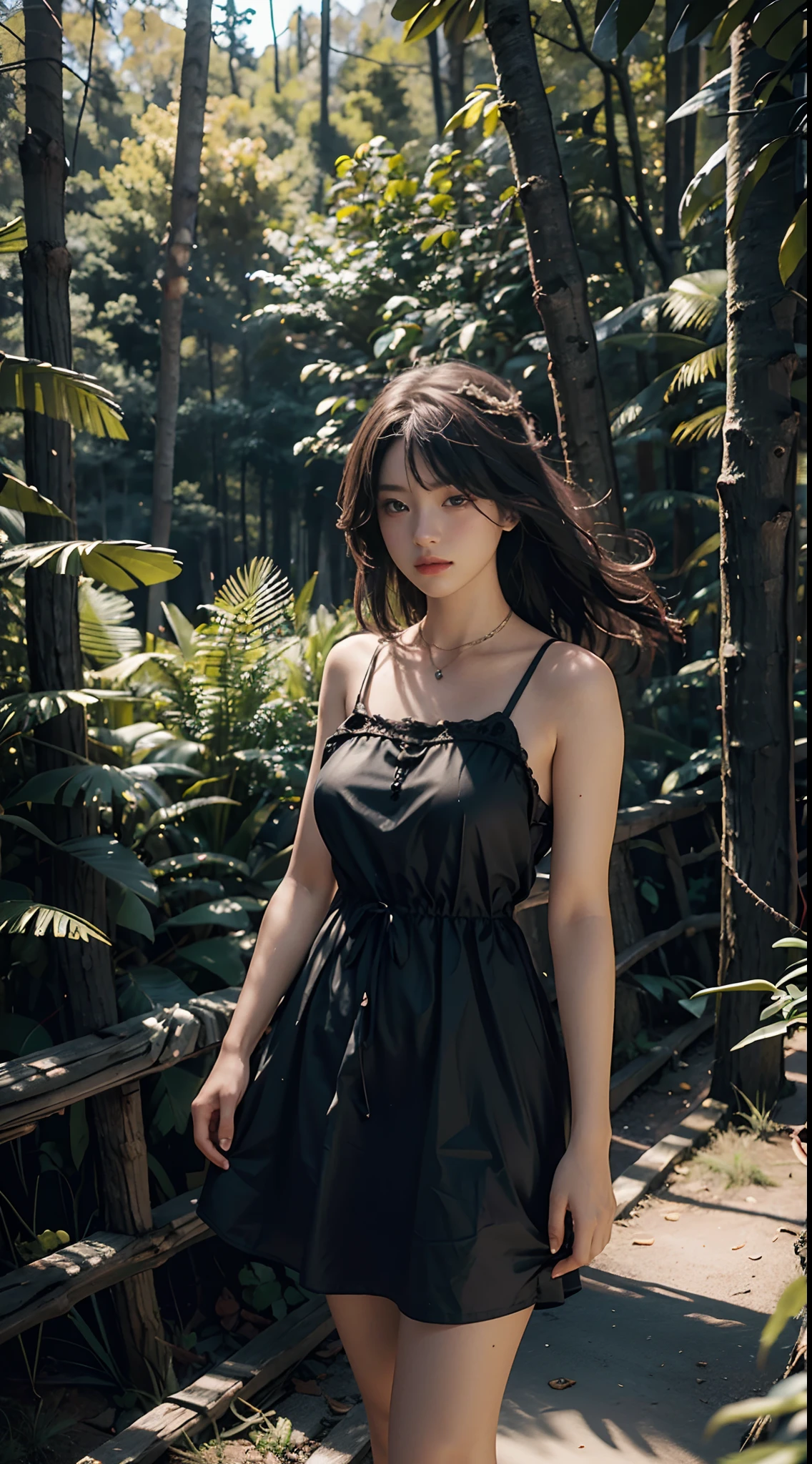 Best Quality, Masterpiece, Ultra High Resolution, (Photorealistic: 1.4), Original Photo, 1Girl, Dress, Cinematic Lighting, (Wilderness Escape: 1)