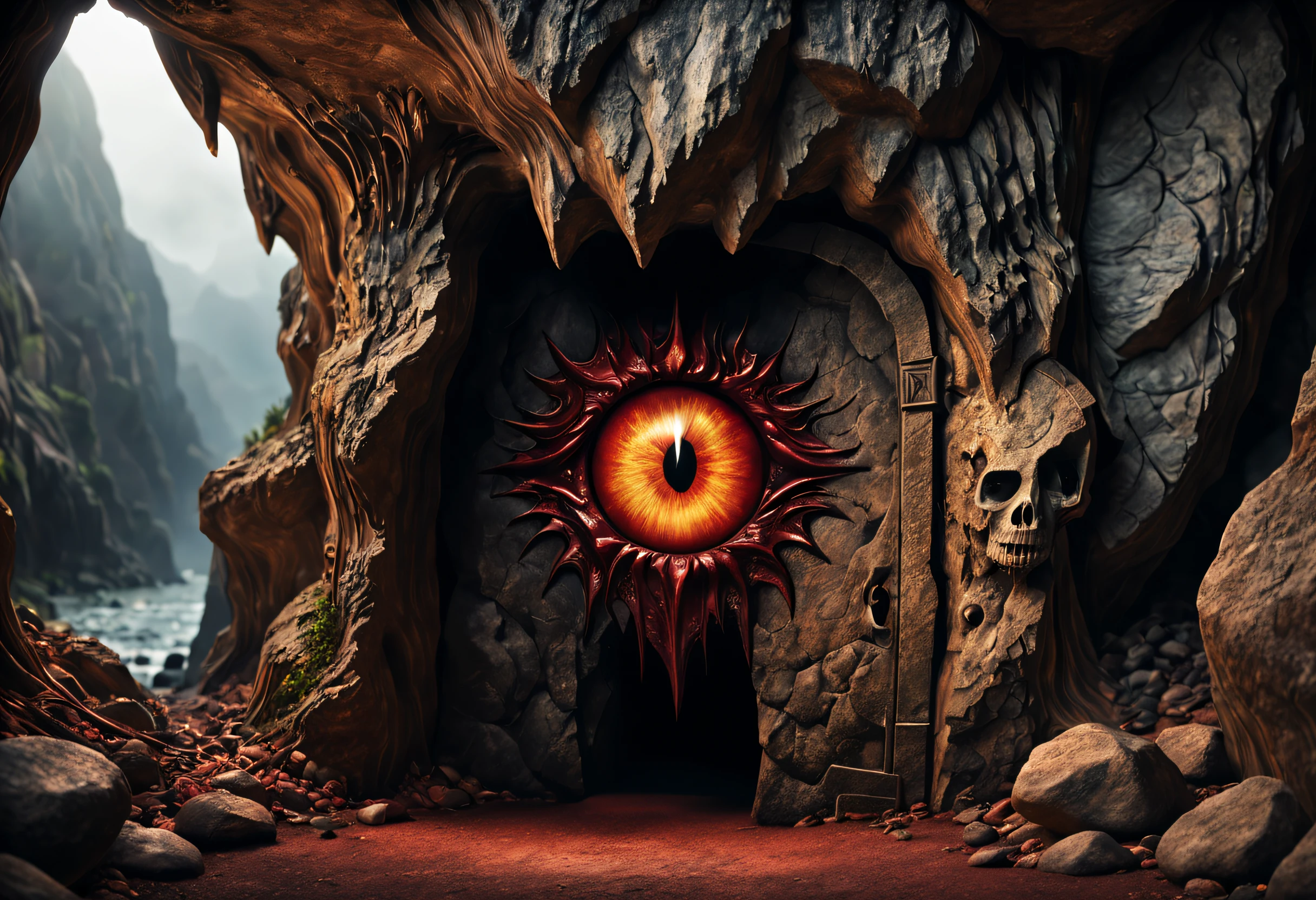 (best quality, 4k, 8k, high resolution, masterpiece: 1.2), ultra detailed, (realistic, photorealistic, photorealistic: 1.37),(Dark and mysterious entrance to the Devil's Eye Cave: 1.32), (a sign that says Devil's Eye: 1.42) Illuminated by flickering torches, Intricate rock formations, A sense of danger and adventure , Treasures hidden within, Echoes Eerie sounds that bounce off the Walls, Ancient and worn stone carvings, Shadows that play tricks on the mind, A sinister atmosphere, Otherworldly beauty, Disturbing whispers in the air, Brilliant reflections of water, The aroma of humidity and earth, Light diffused through the vegetation, Vines and climbing roots, A gateway to the unknown.