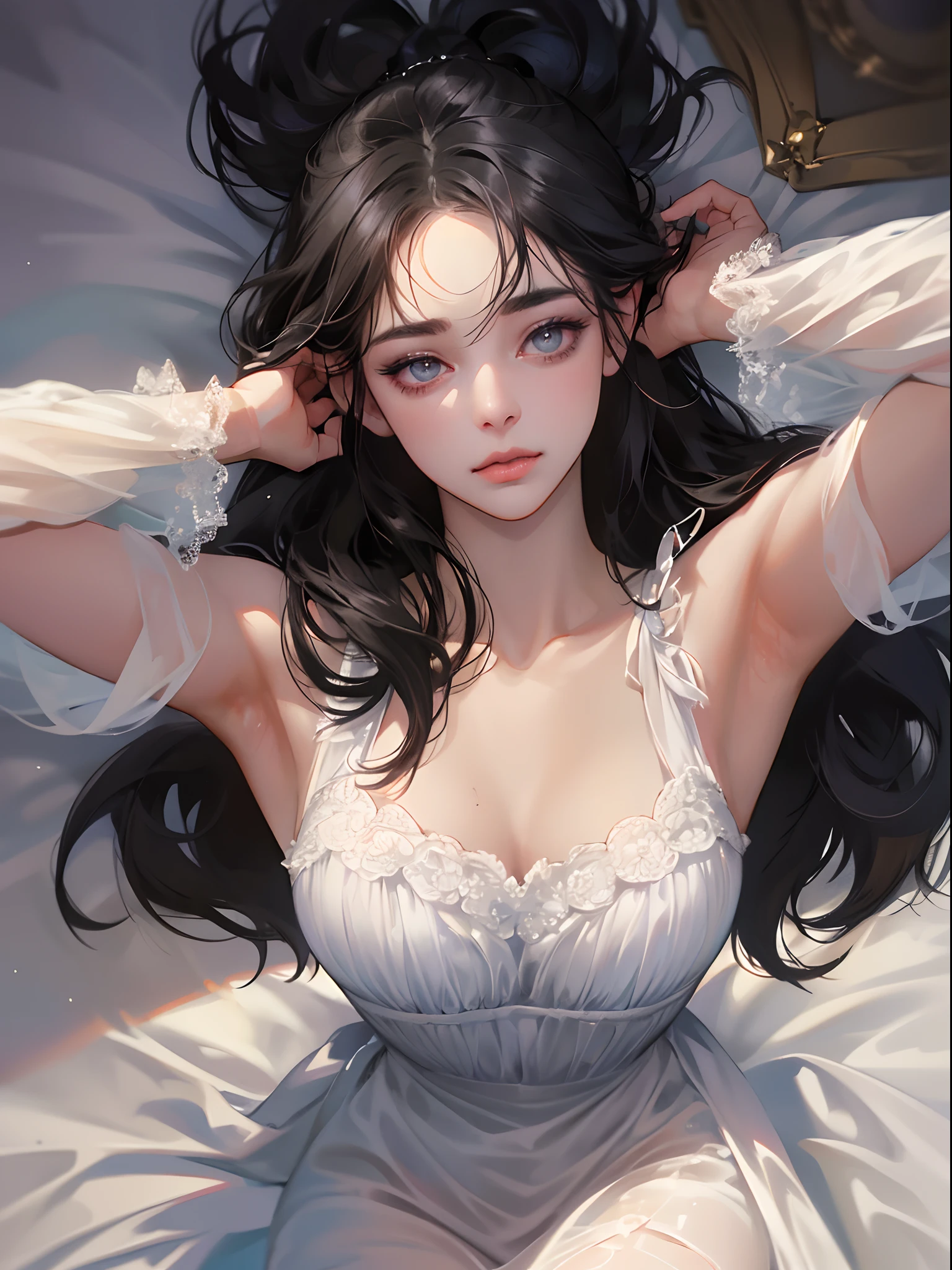 absurderes,(​masterpiece、top-quality、8K ),intricate detailes,ultra-detailliert、(soft focus:1.2),One Perfect Beauty Woman、(Unusual look:1.2),beautiful and detailed eyes,black long hair,White Nightgown、Lying in bed、arms up,armpits,(from above:1.2),eyeliner,long eyelashes,sparkly eyes,parted lips,cinematic lighting,amazing,(melancholic:1.2),,(fantasy,dreamlike),hyper realistic,perfect anatomy