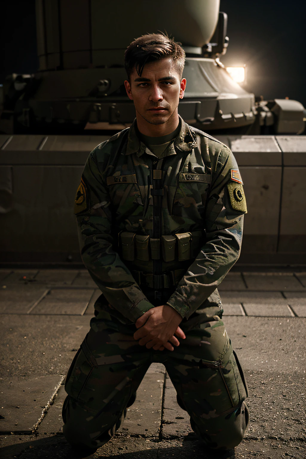 soldier ,kneeling ,sad ,determined ,eyes open ,front view ,man