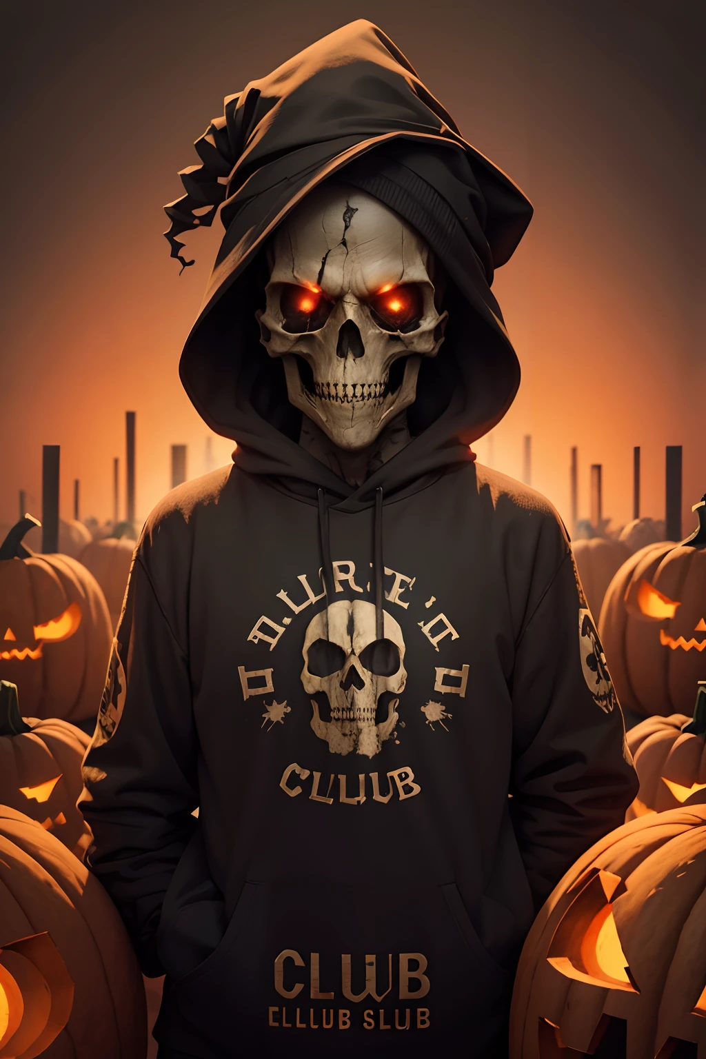 Horror pumpkin lot of textured, with skulls and bones under. A text say“alien tech club” in bloody writing.