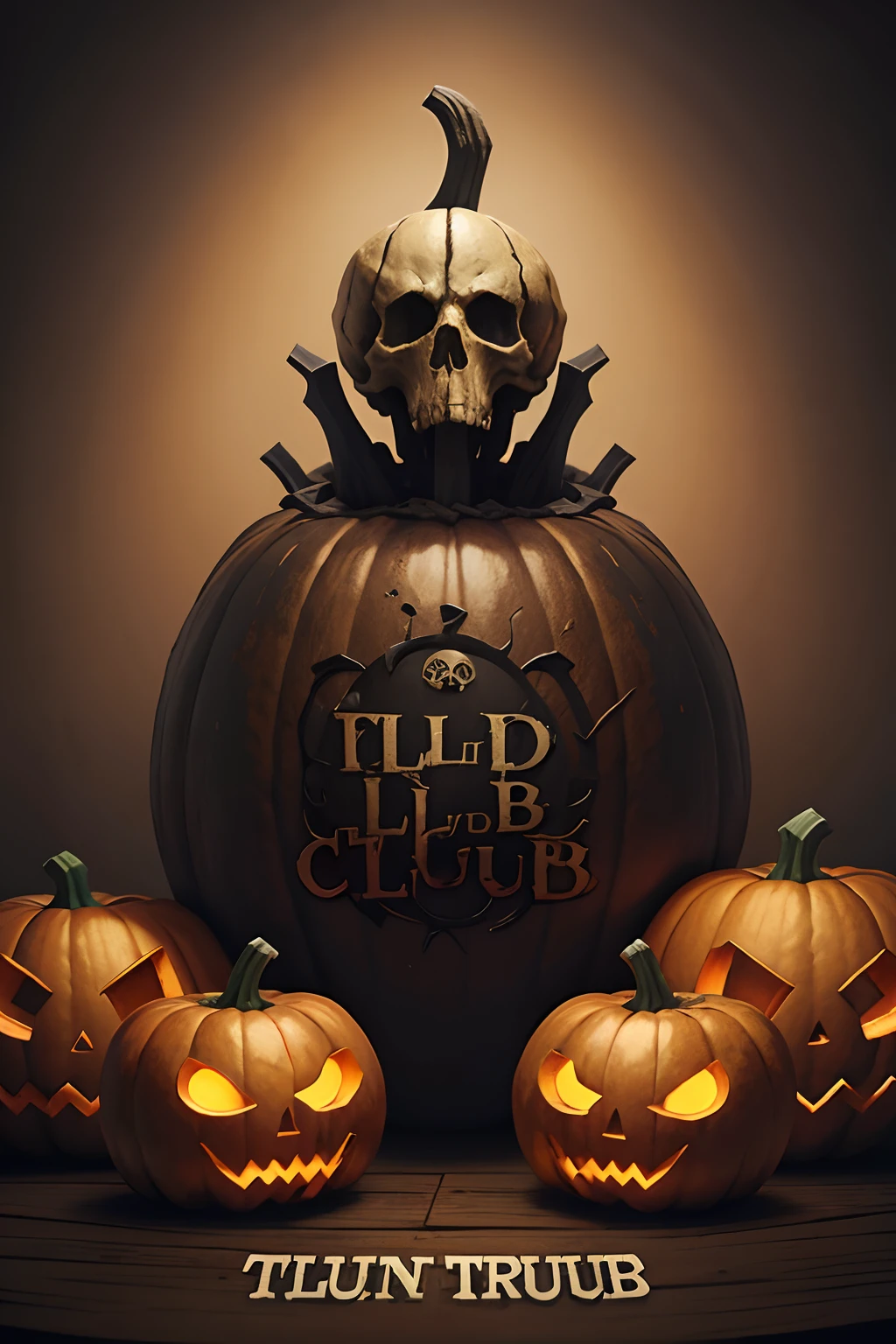 Horror pumpkin lot of textured, with skulls and bones under. A text say“alien tech club” in bloody writing.