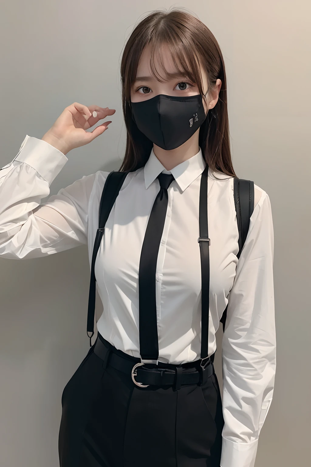 masterpiece、flat-colors、depth of fields、lens flare 1 girl、、Brown hair、watching at viewers a belt black suspenders Social OL huge-breasted Armpit sweat perspiring Side of both hands walls: Black Suit Black pants, Black jacket holster arm Leg holster arm Knife Carrying arma Gaze No tie tiarra No bangs Small face masks