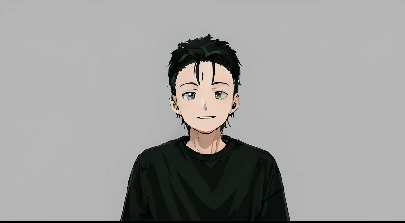 anime style boy, black hair, black jacket, grey t shirt, black eyes, happy face, simple background, green background