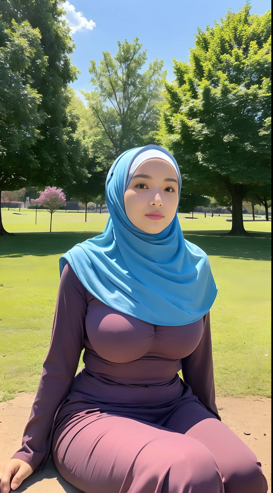 A girl wearing a hijab with large breasts is sitting in the park with the sky as the background