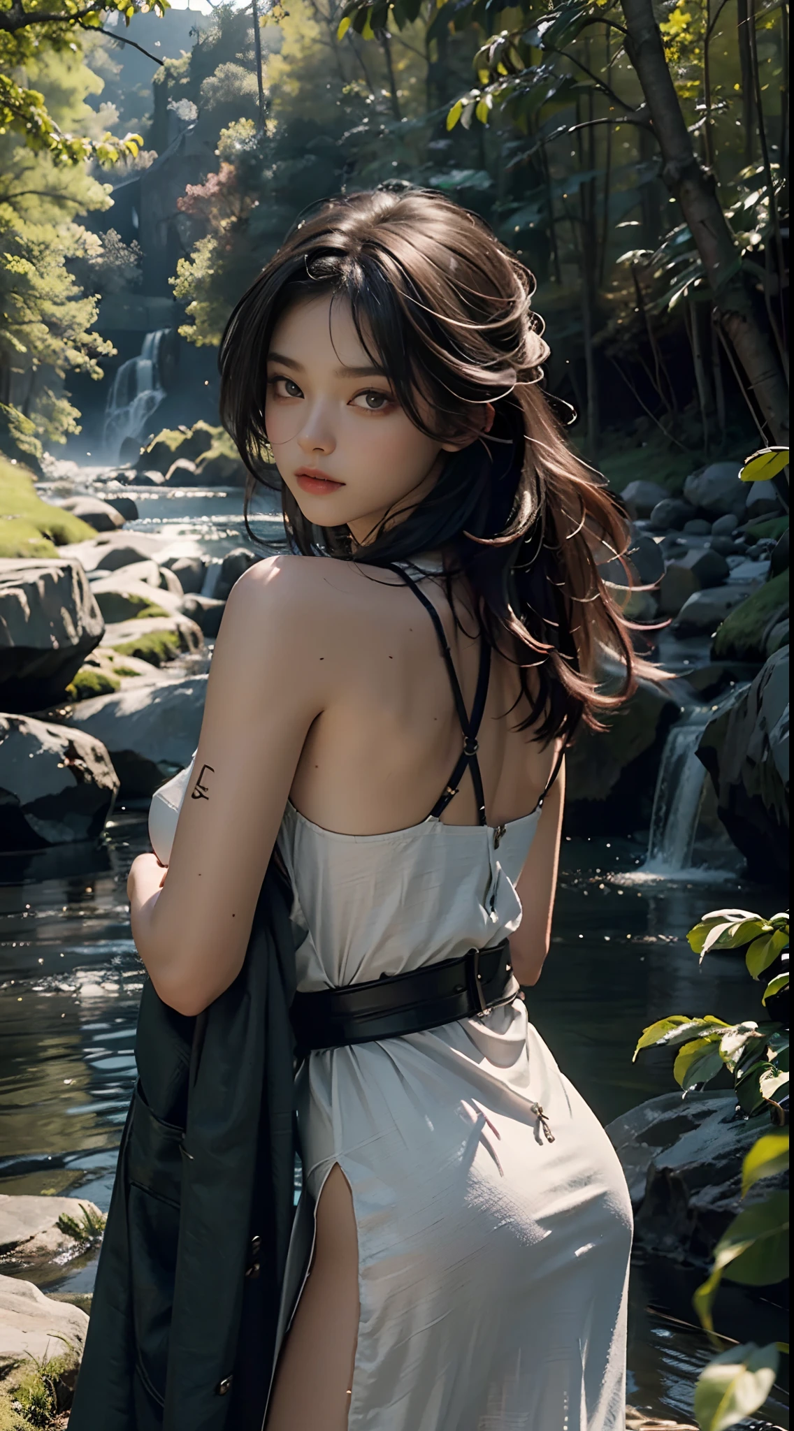 Best Quality, Masterpiece, Ultra High Resolution, (Photorealistic: 1.4), Original Photo, 1Girl, Dress, Cinematic Lighting, (Wilderness Escape: 1)