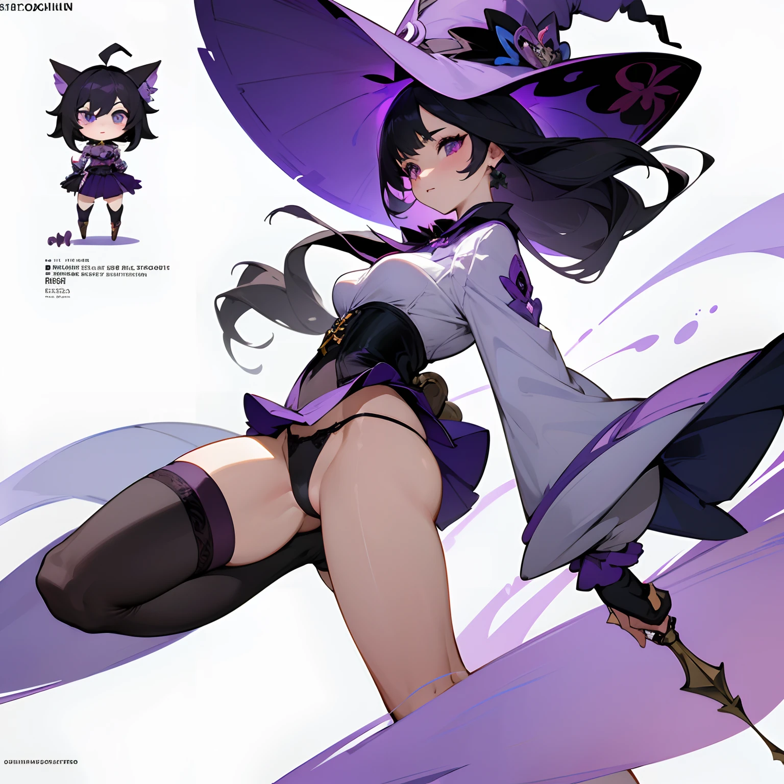 ((masterpiece)),(((best quality))),(character design sheet, same character, front, side, back, and underwear), illustration, 1 girl, genshin impact style, full body, witch , purple witch hat, long black hair, medium breasts, purple mini skirt, corset, white shirt, open legs, black panties, exposed panties, thick mules, tight stockings, white background, nfsw.